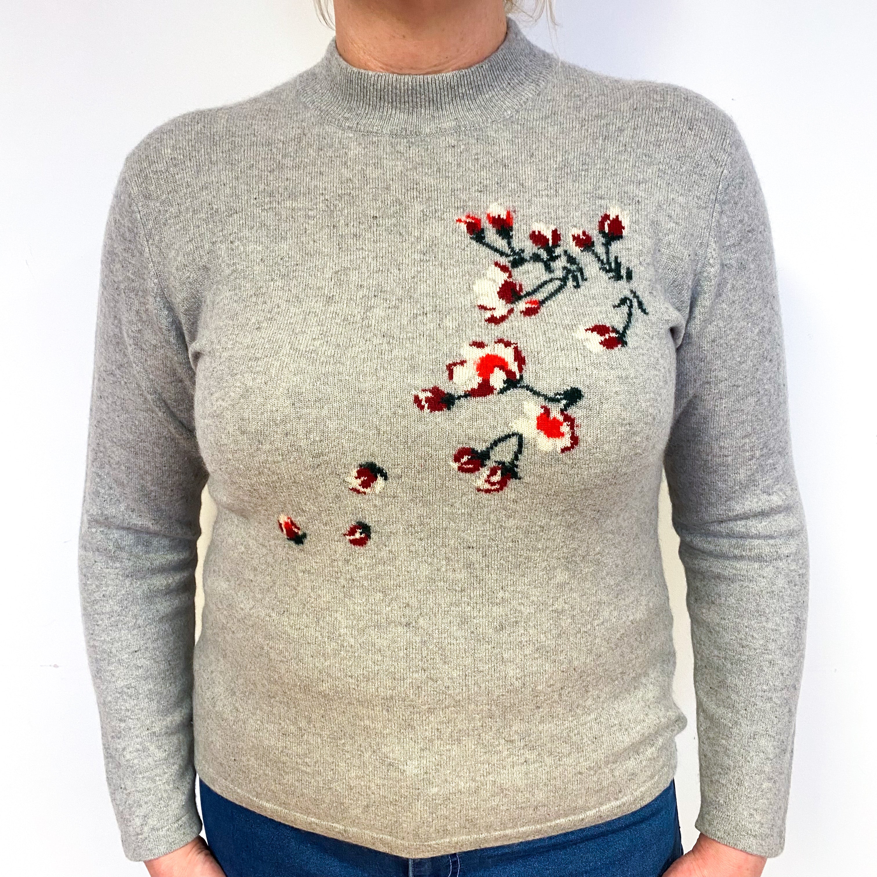 Smoke Grey Floral Cashmere Crew Neck Jumper Large