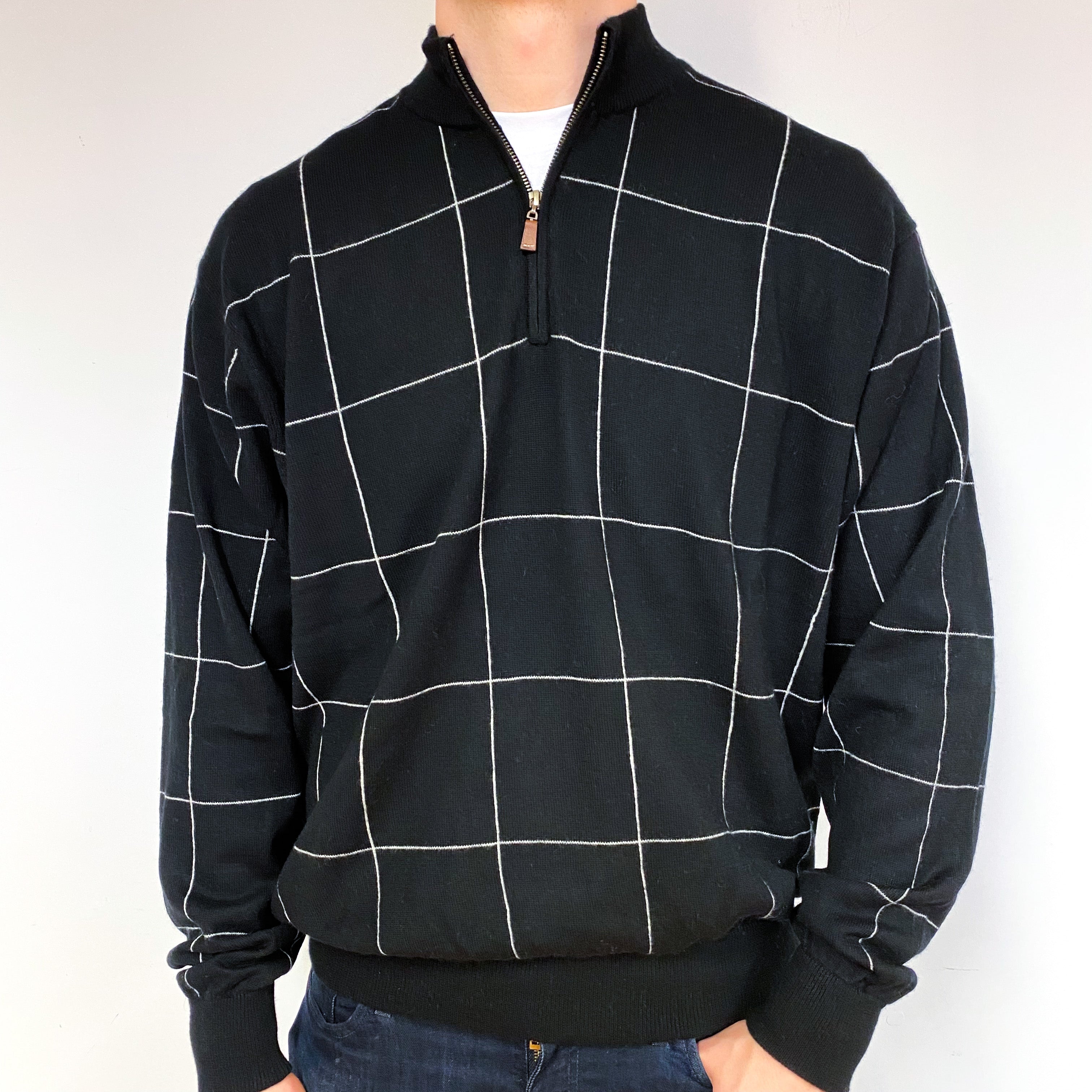 Men's Black Checked Cashmere 1/4 Zip Jumper Extra Extra Large