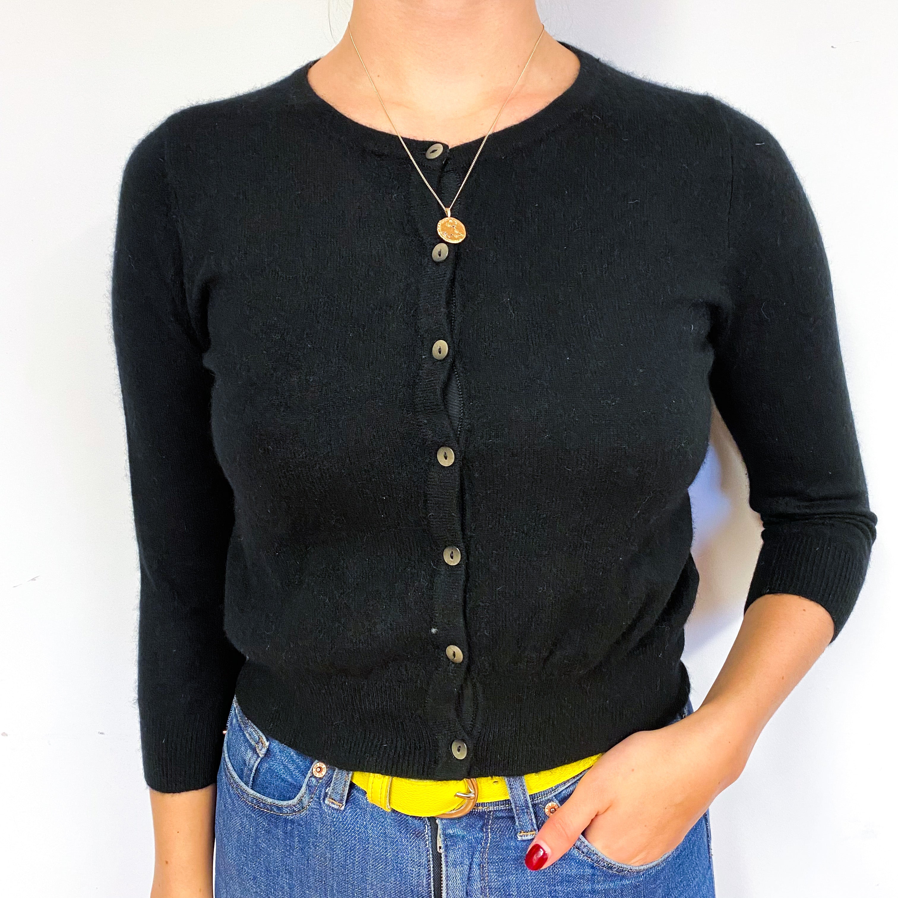 Black Cropped Cashmere Crew Neck Cardigan Small