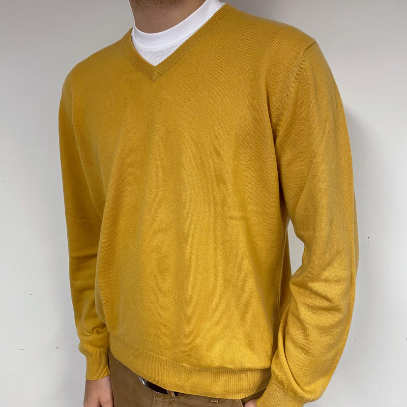 Men's Mustard Yellow Cashmere V-Neck Jumper Large
