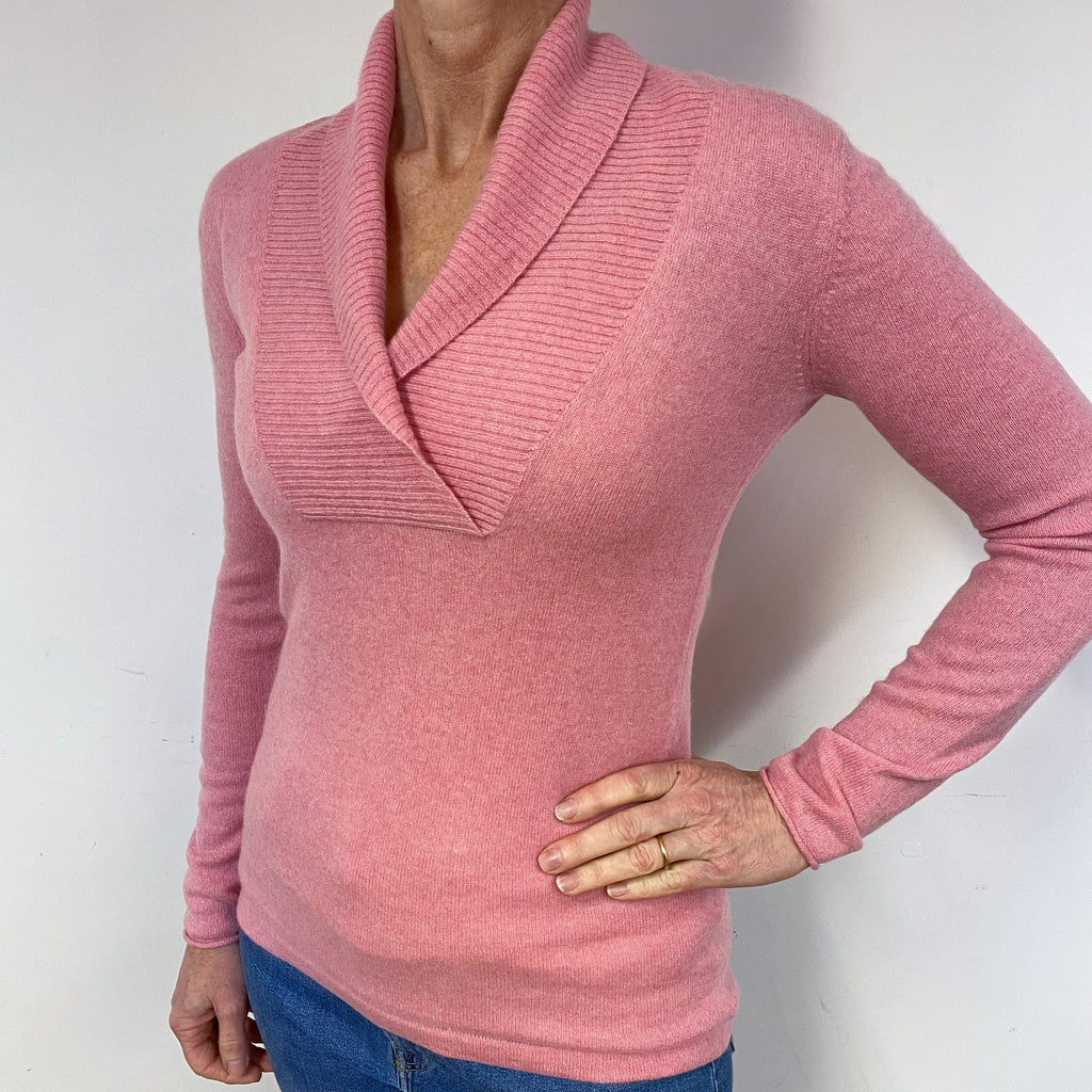 Candy Pink Shawl Collar Cashmere V-Neck Jumper Medium