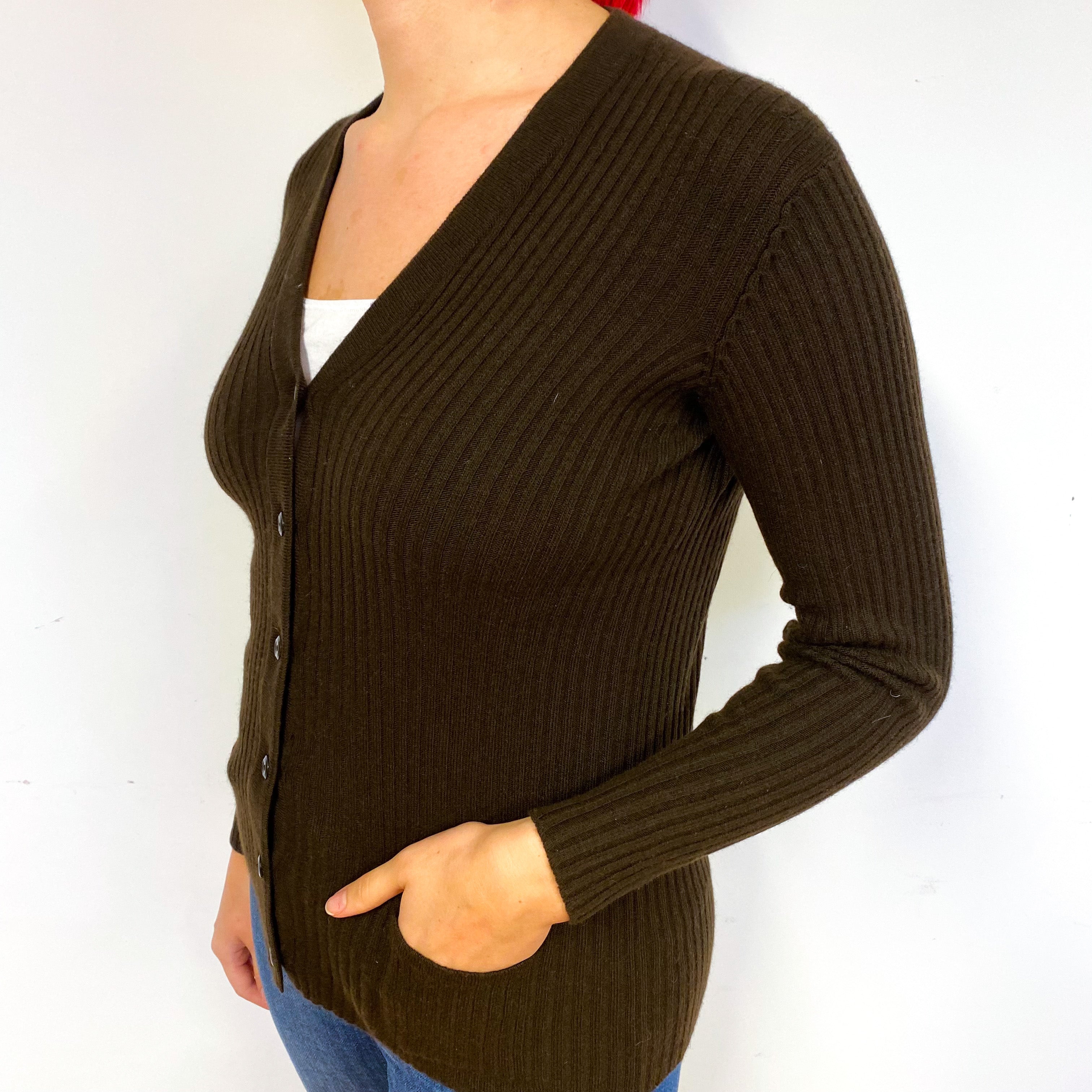 Vintage Brown Ribbed Cashmere V-Neck Cardigan Small