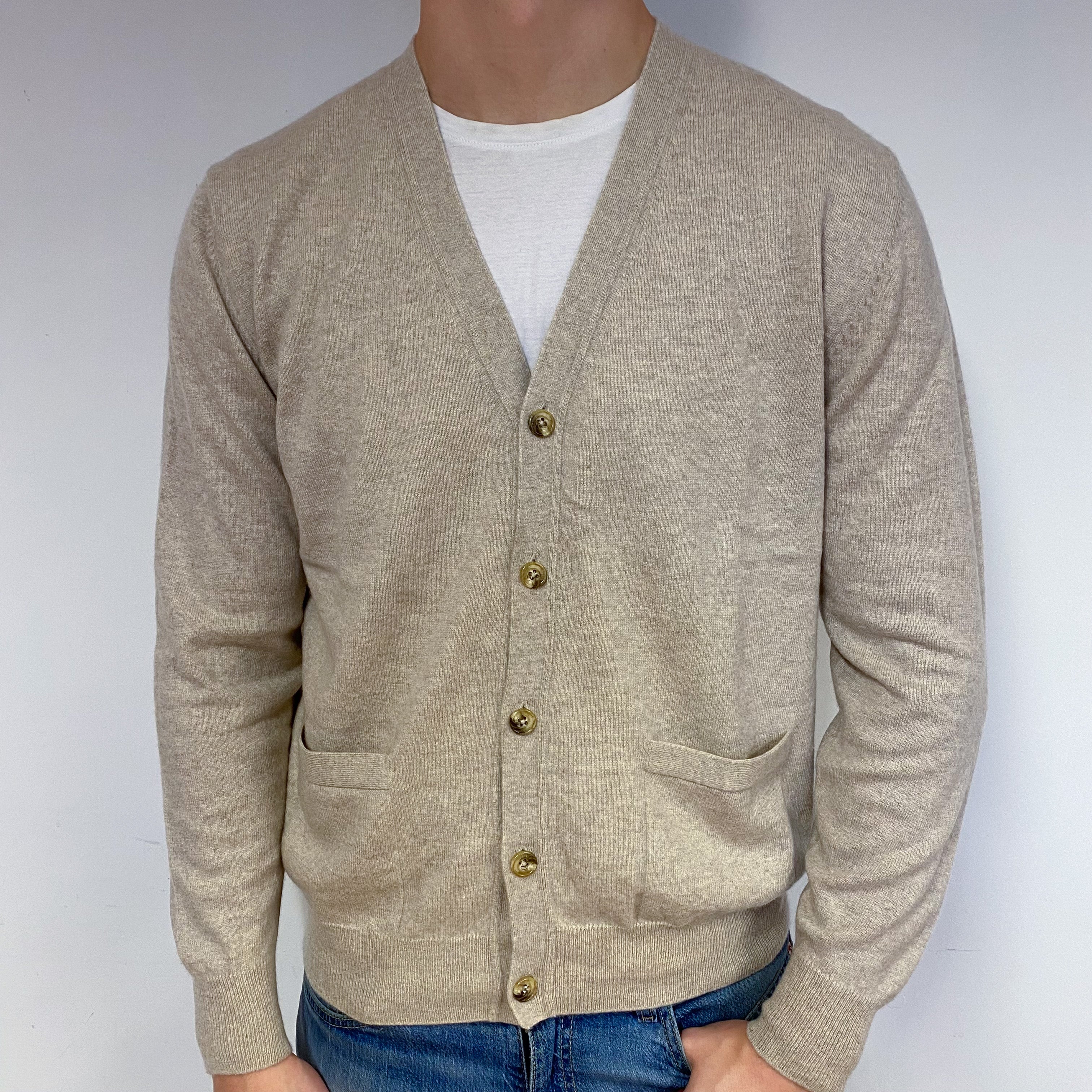 Men's Oatmeal Beige Cashmere V-Neck Cardigan Extra Large