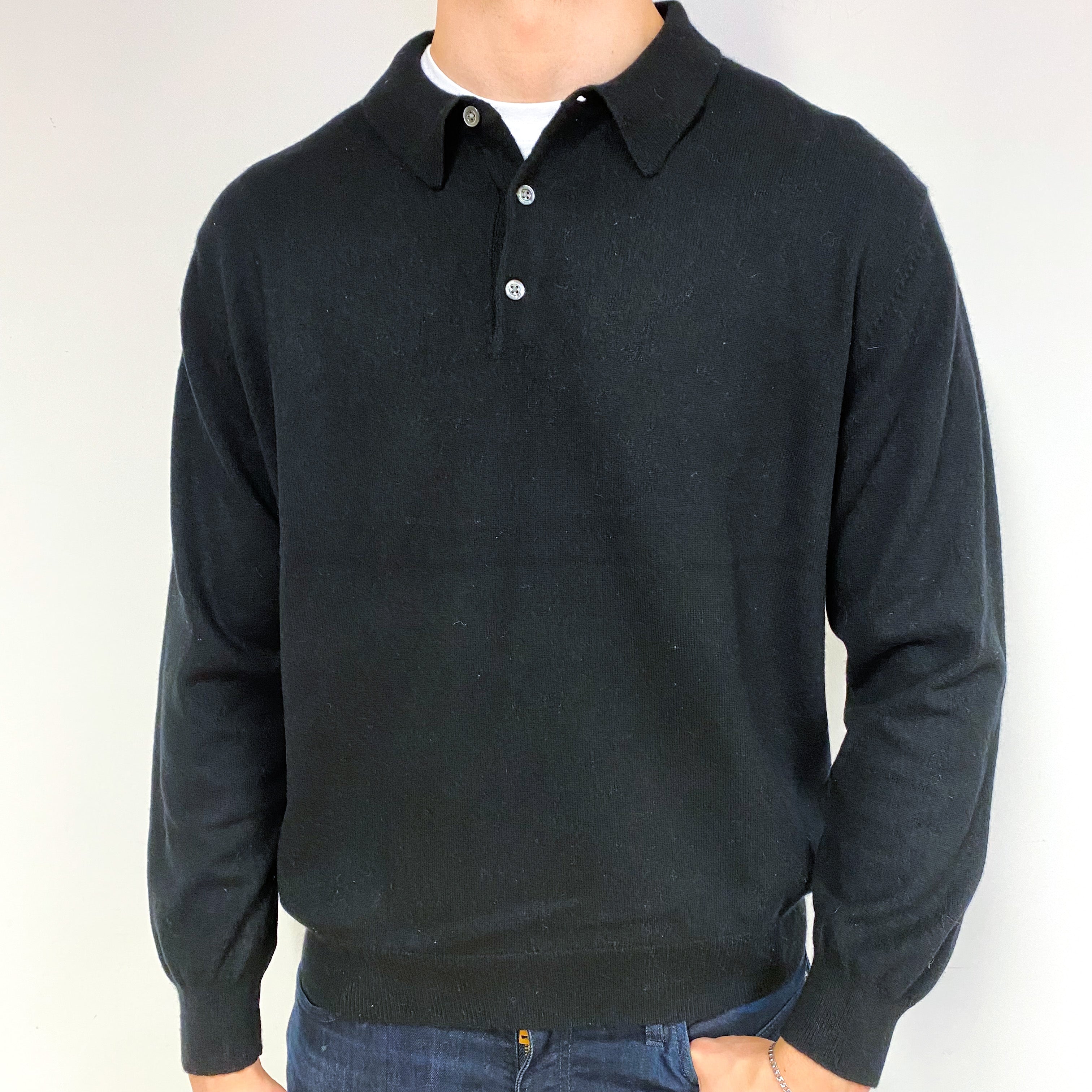 Men's Black Cashmere 1/4 Button Jumper Extra Large