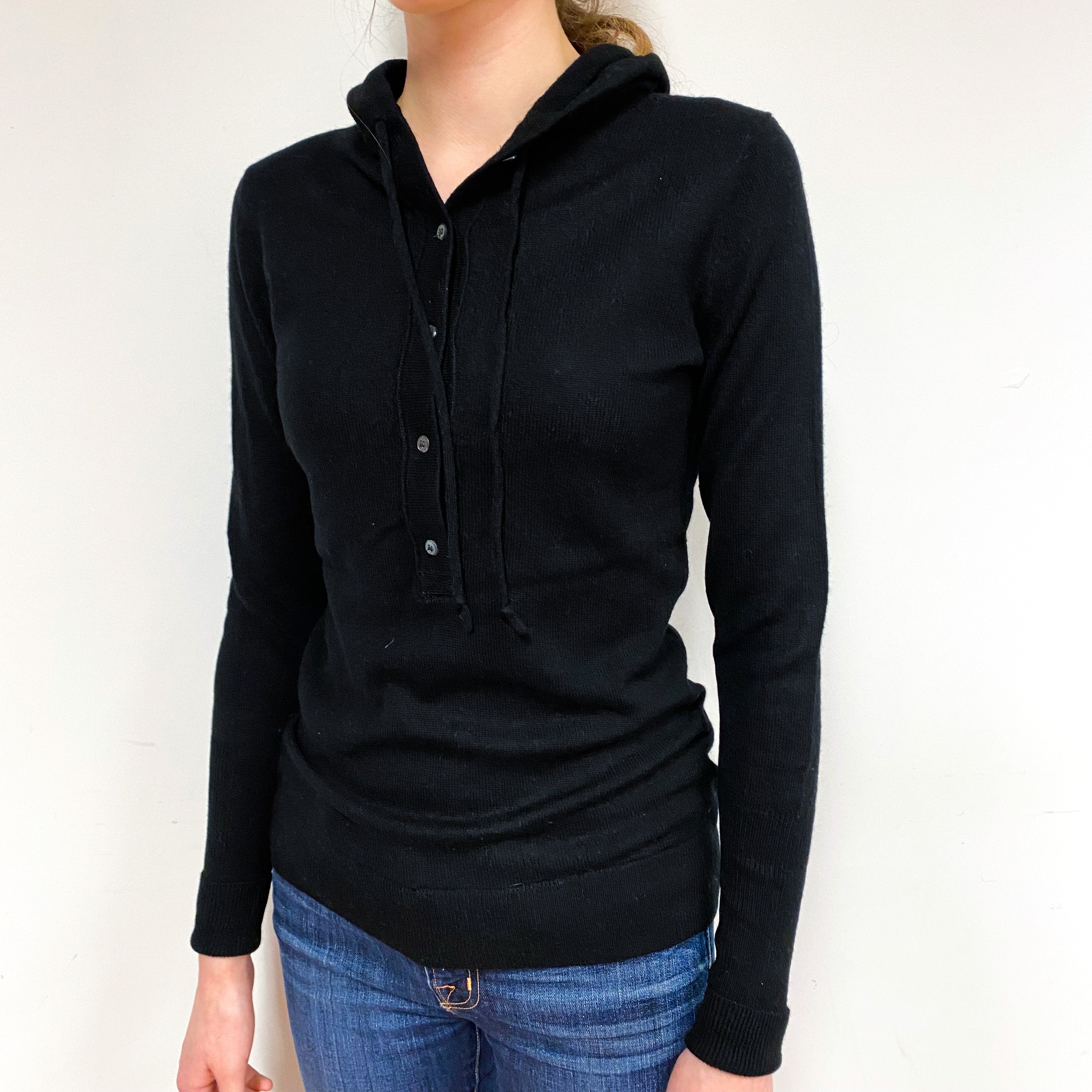 Black Cashmere 1/2 Buttoned Hoodie Jumper Extra Small