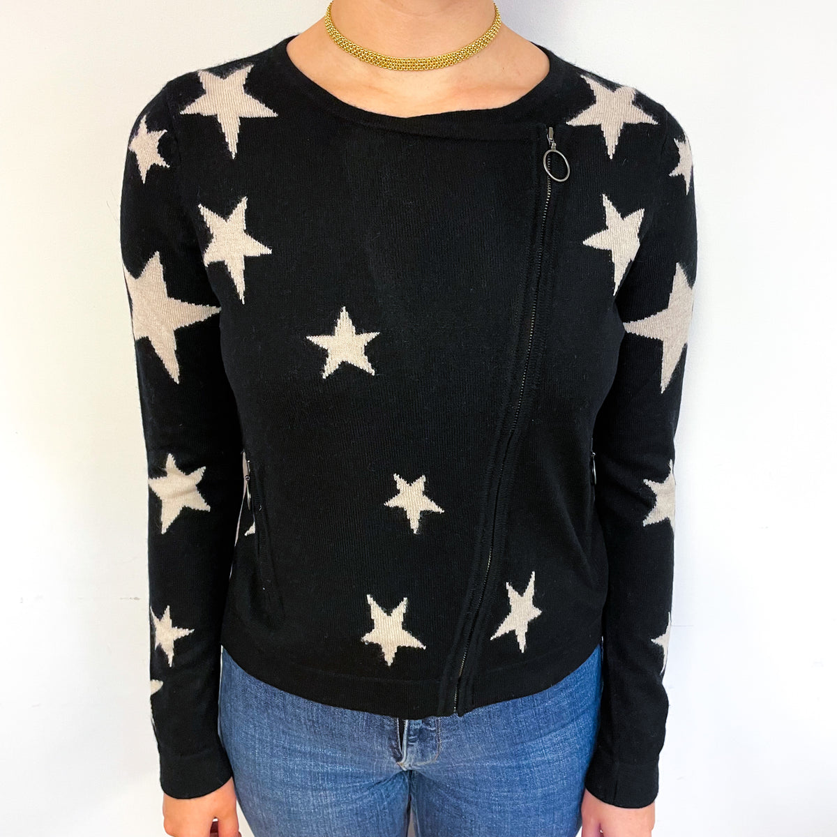 Cocoa Cashmere Black Star Crew Neck Jacket Small