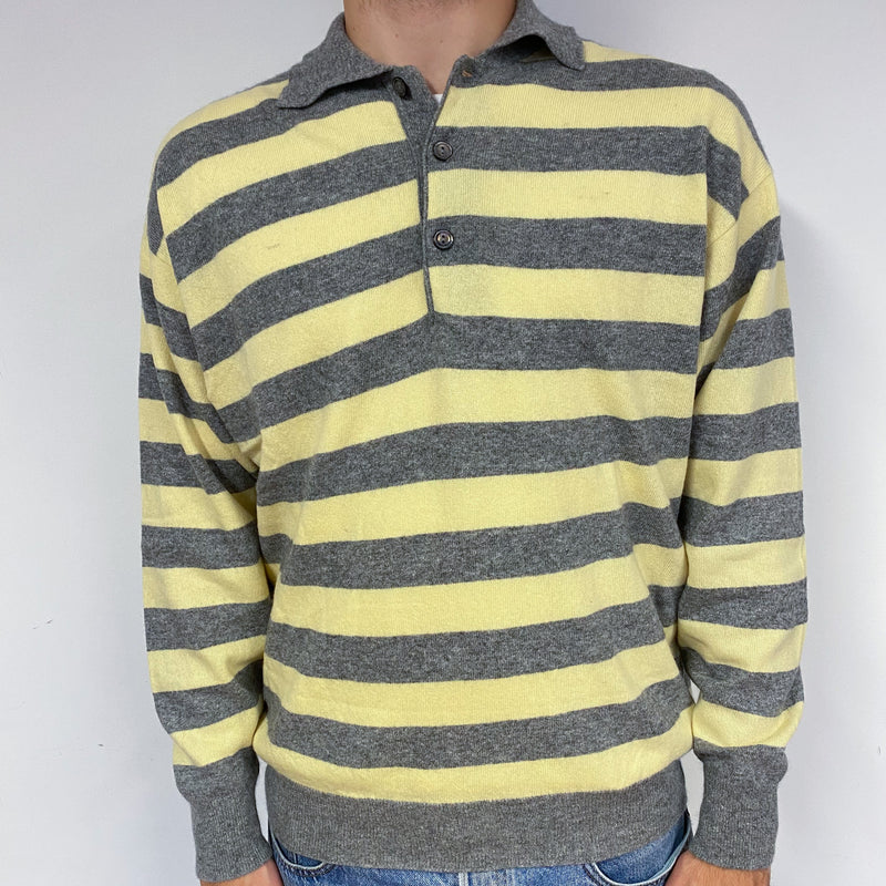 Men's Grey and Lemon Striped Cashmere 1/4 Buttoned Jumper