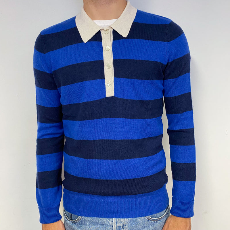 Men's Navy and Blue Striped Cashmere 1/4 Buttoned Jumper