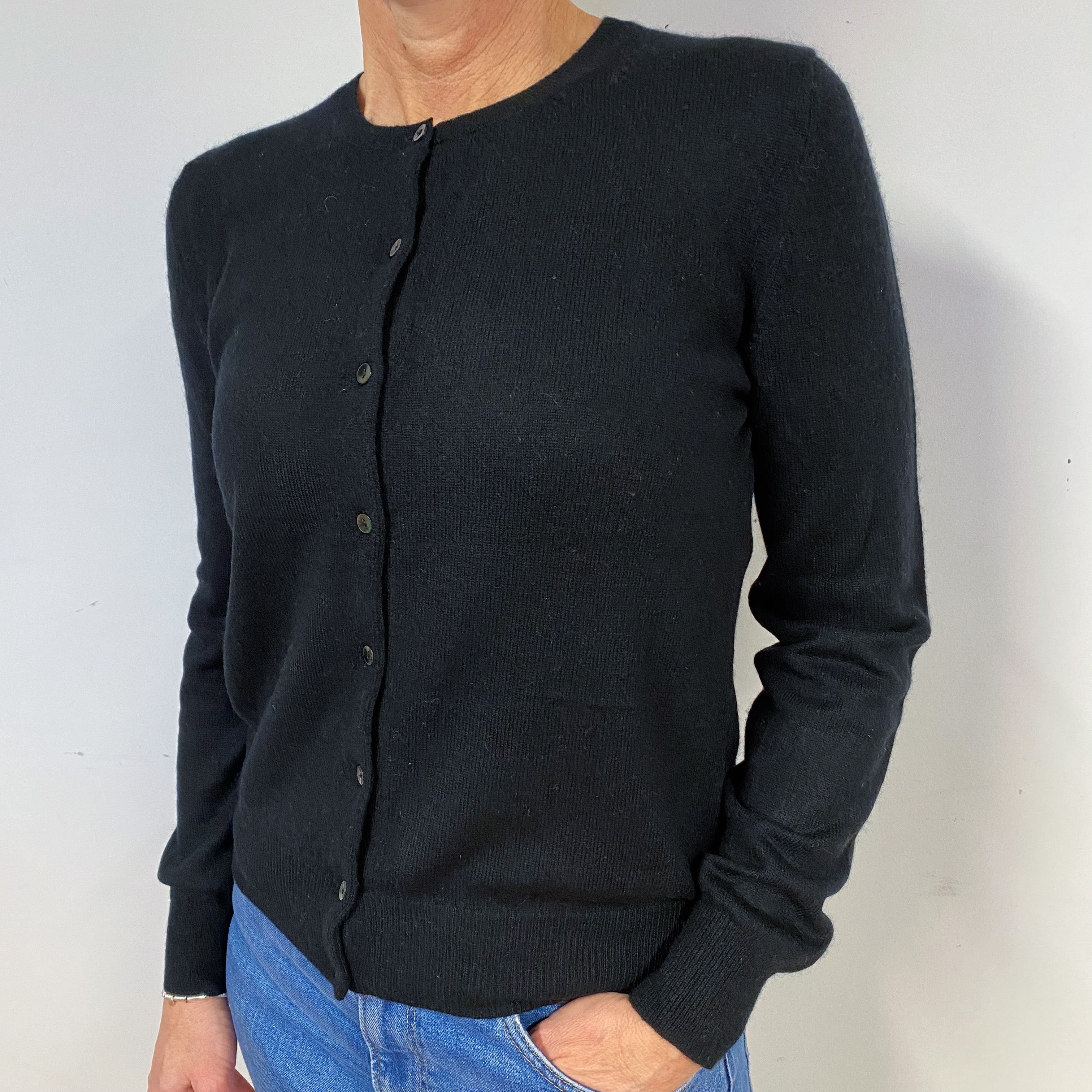 Black Cashmere Crew Neck Cardigan Medium