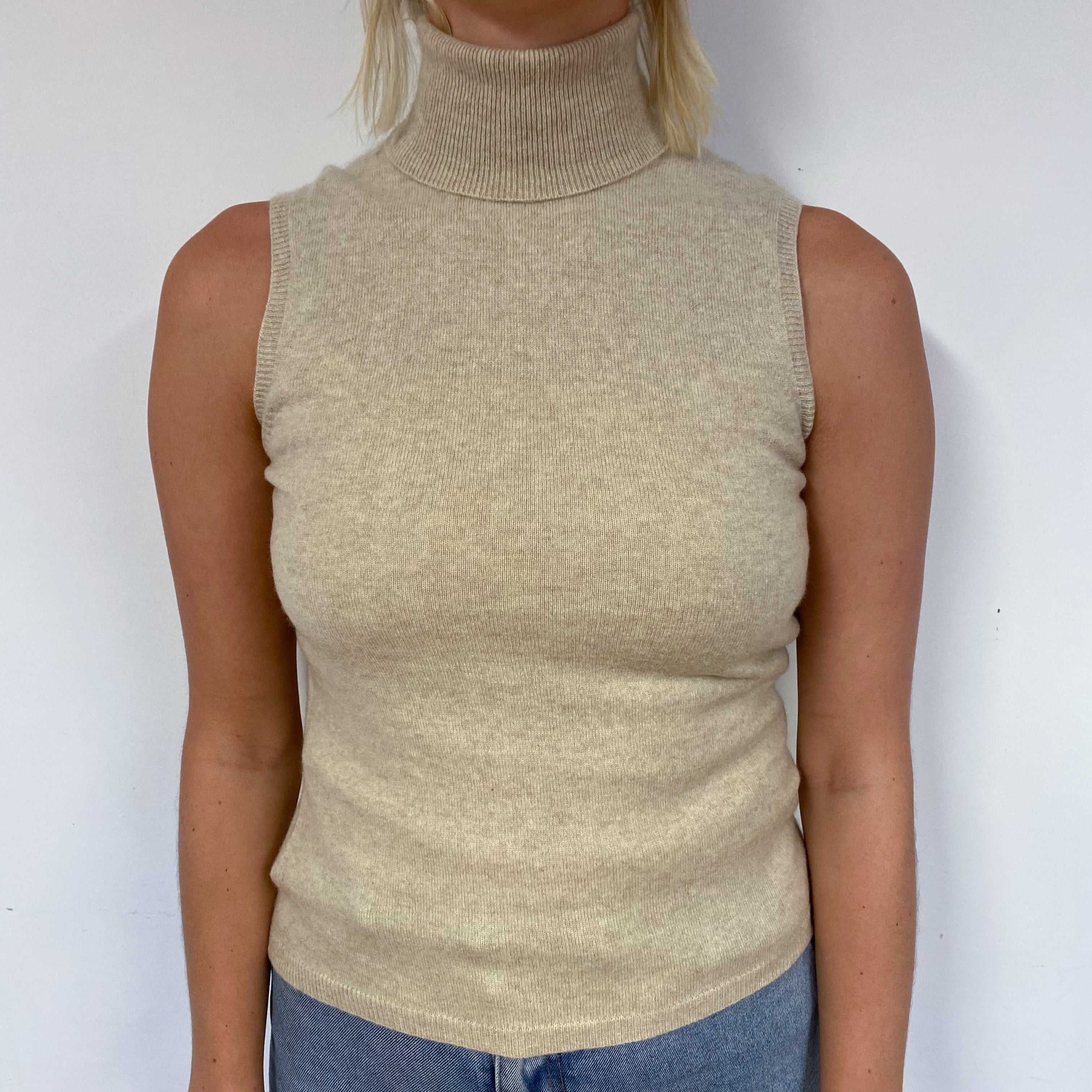 Oatmeal Beige Cashmere Sleeveless Polo Neck Jumper Small