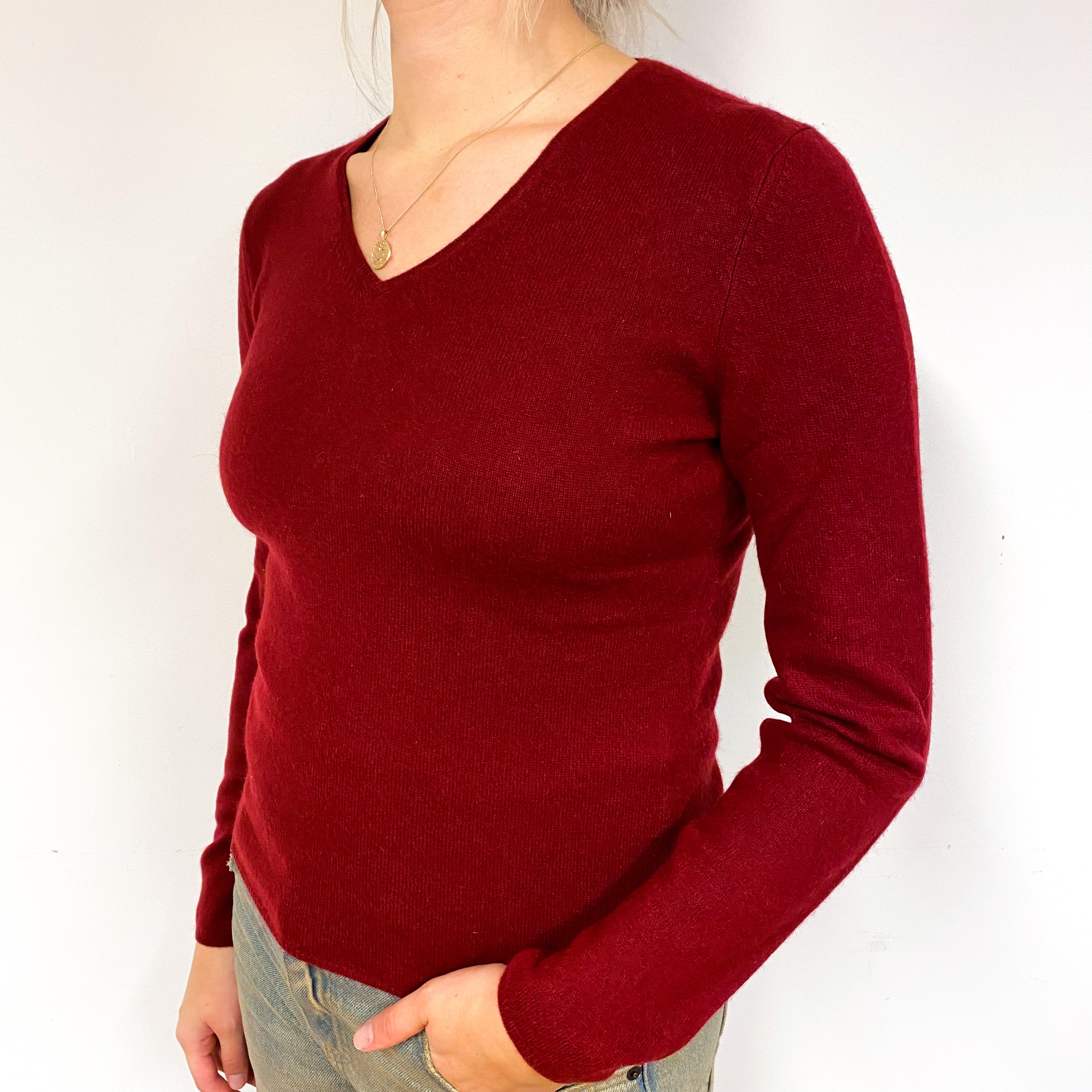 Garnet Red Cashmere V-Neck Jumper Small