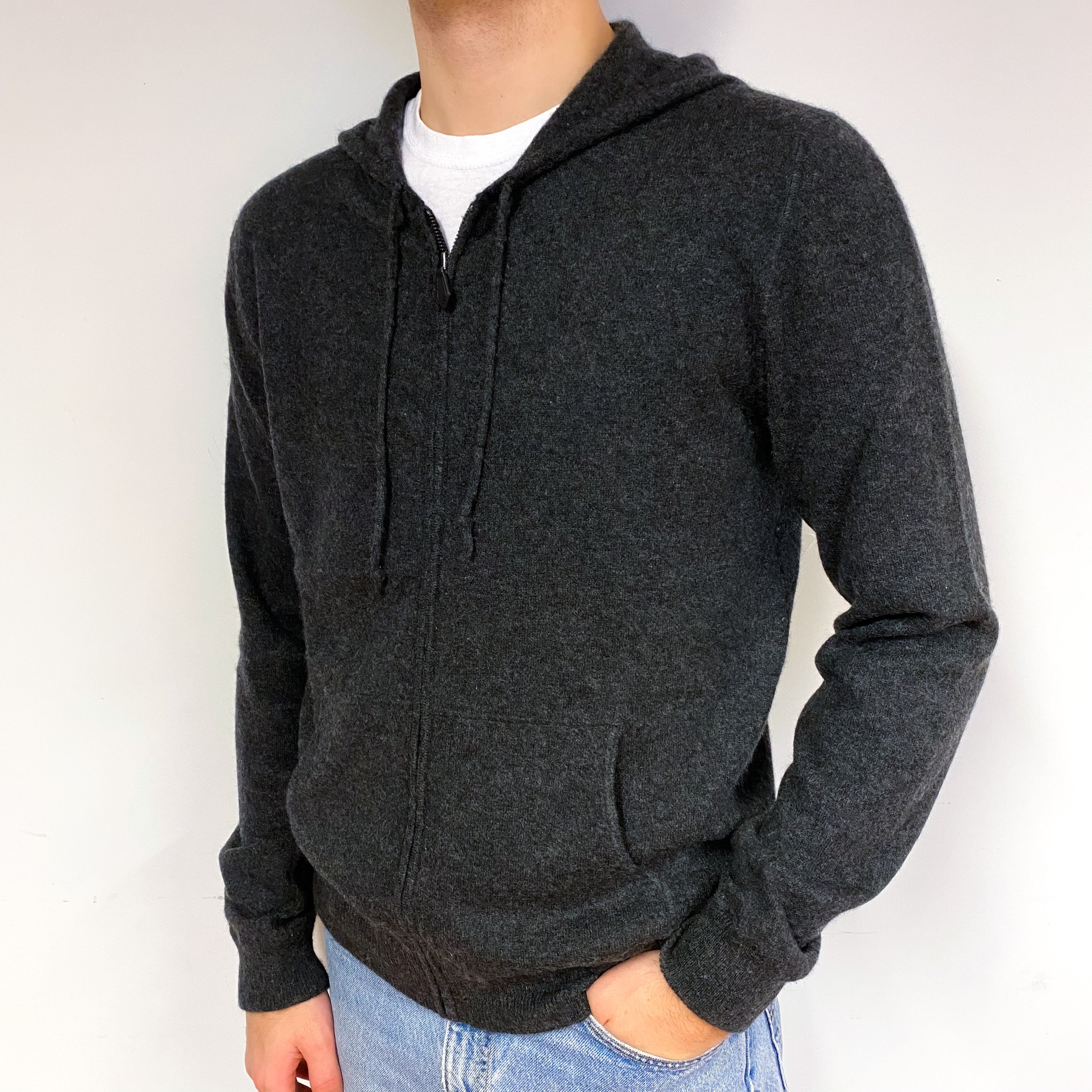 Men's Charcoal Grey Cashmere Hoodie Cardigan Large