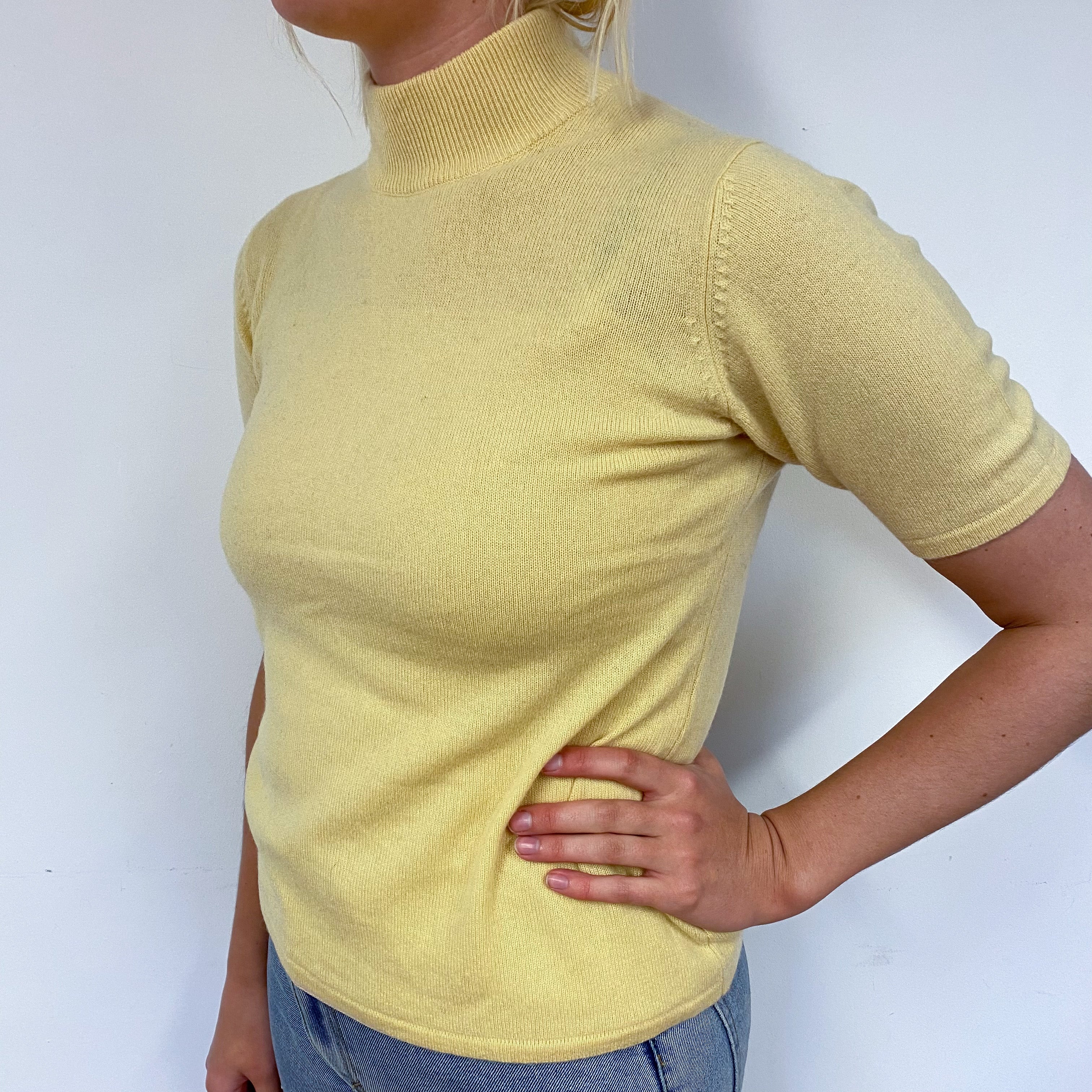 Yellow Short Sleeve Cashmere Turtle Neck Jumper Small