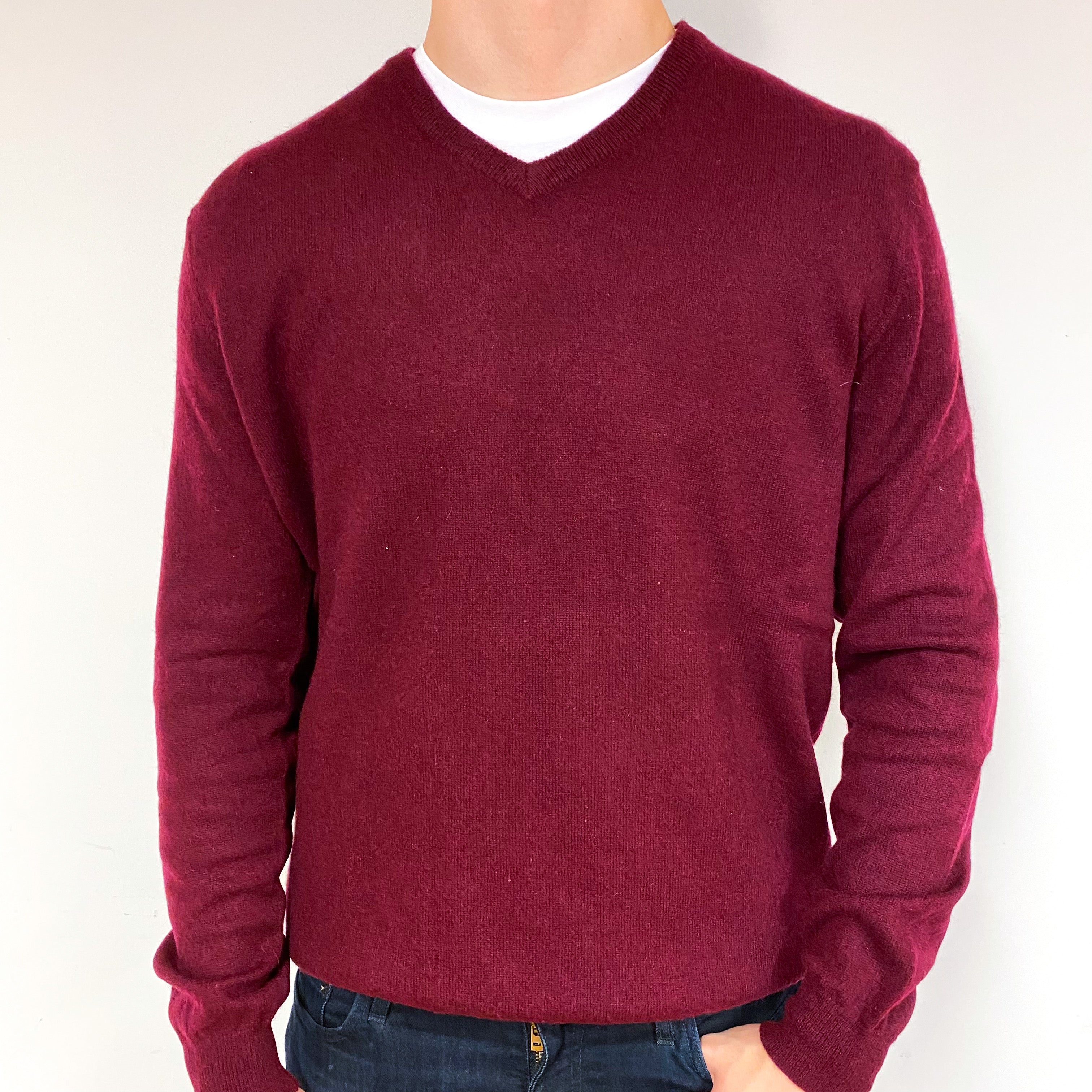 Men's Burgundy Red Cashmere V-Neck Jumper Extra Large