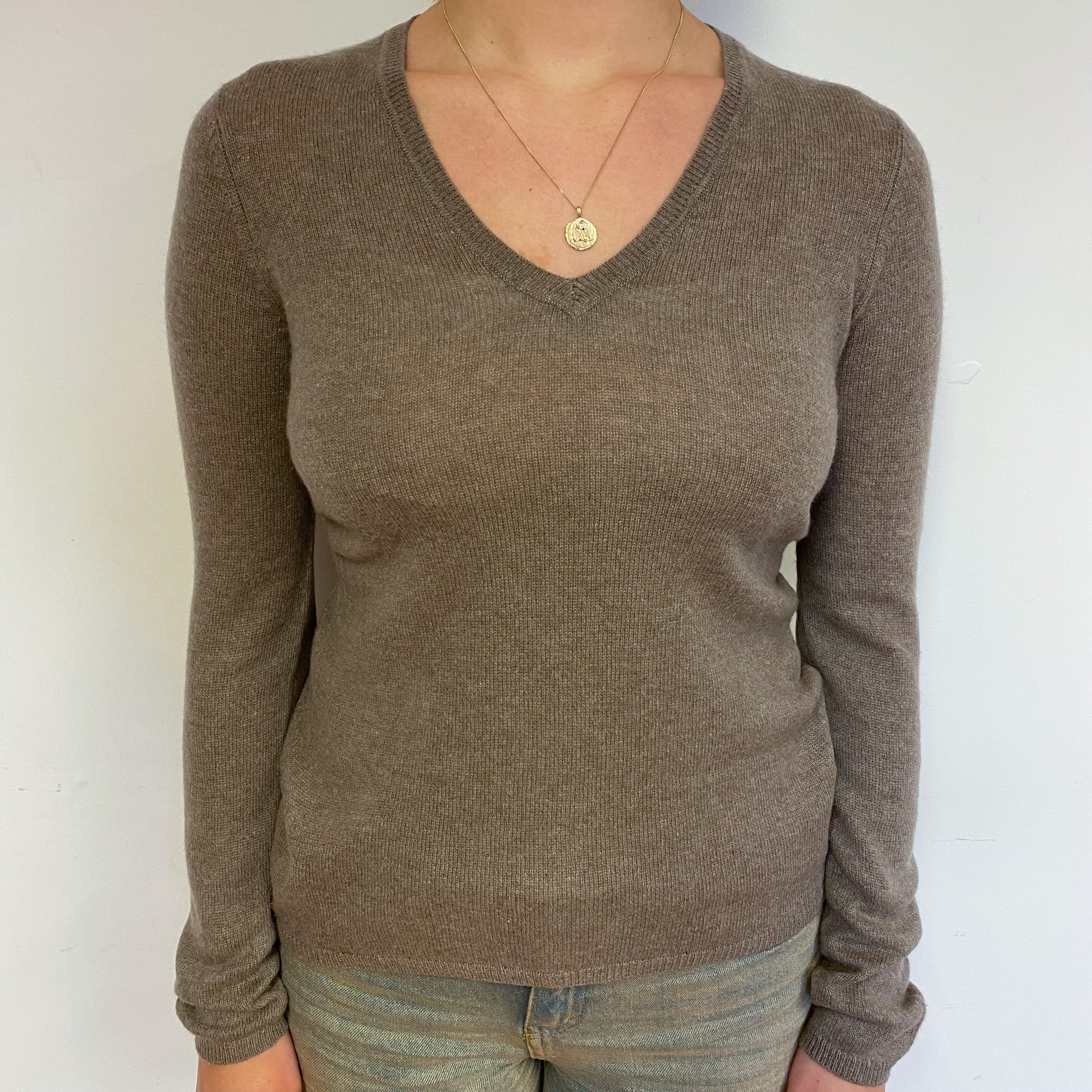 Mink Brown Cashmere V-Neck Jumper Small