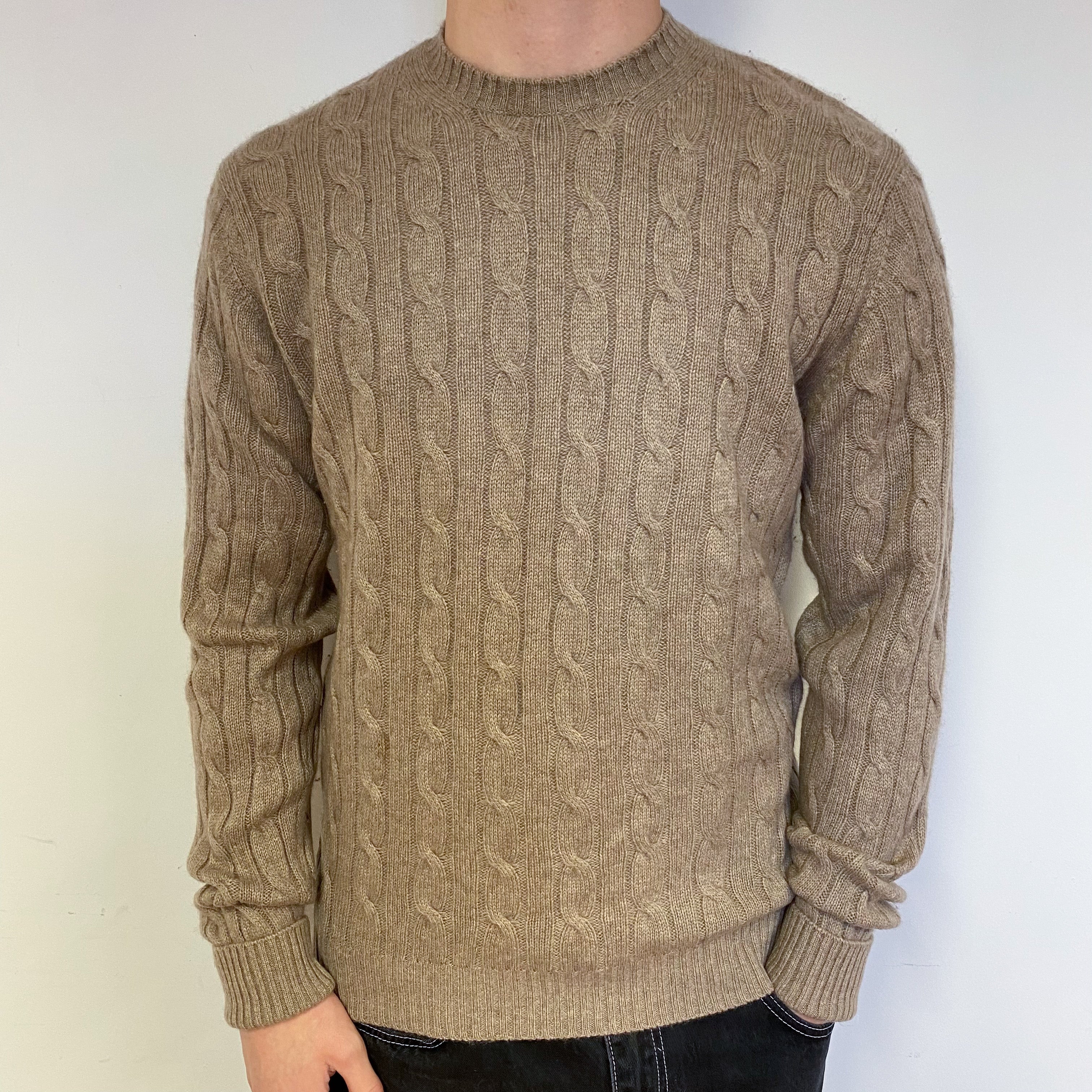 Men's Brown Cable Cashmere Crew Neck Jumper Medium