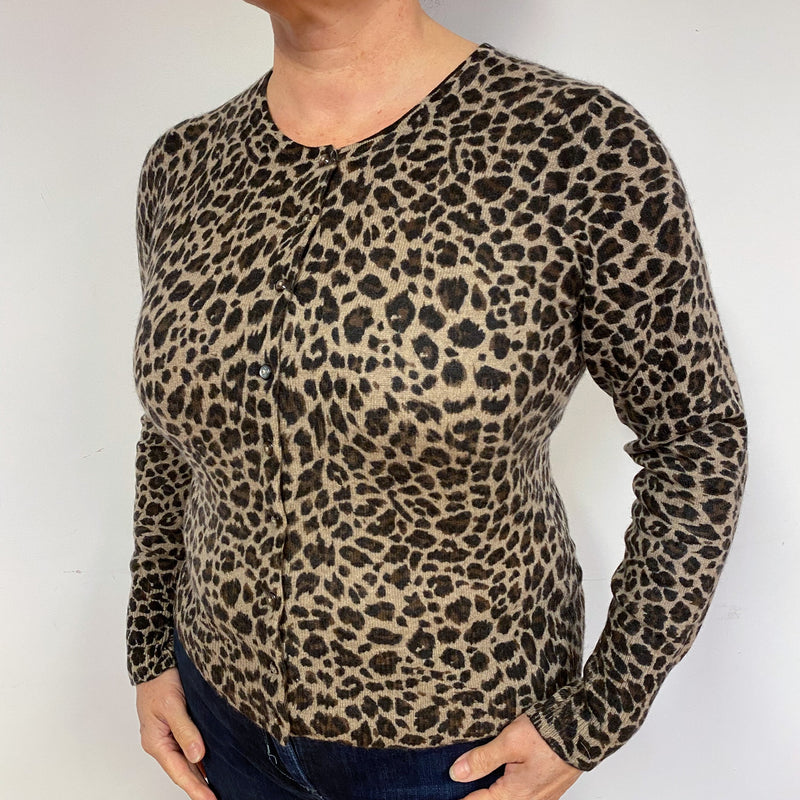 Leopard Print Brown Cashmere Cardigan Large