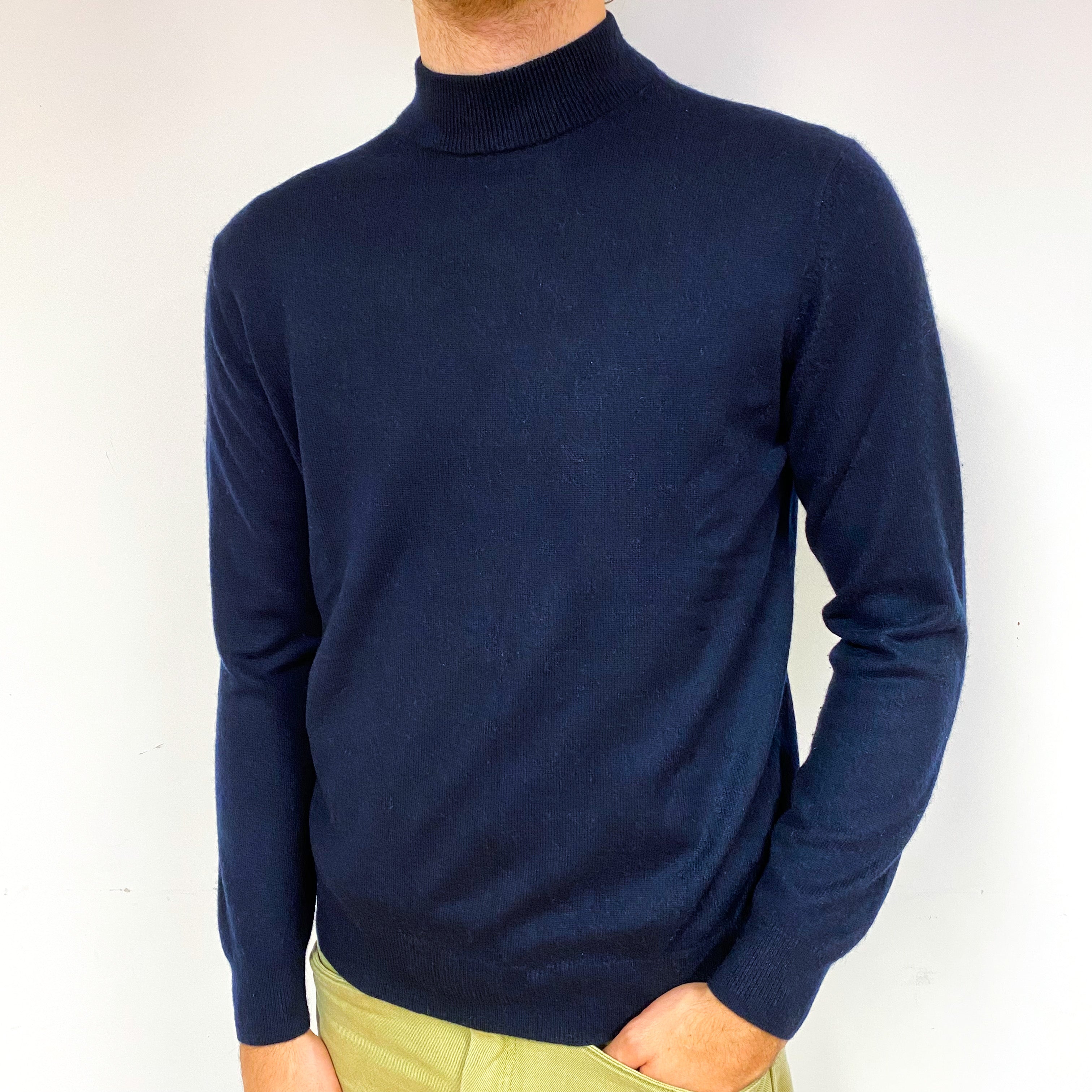 Men's Navy Blue Cashmere Turtle Neck Jumper Large