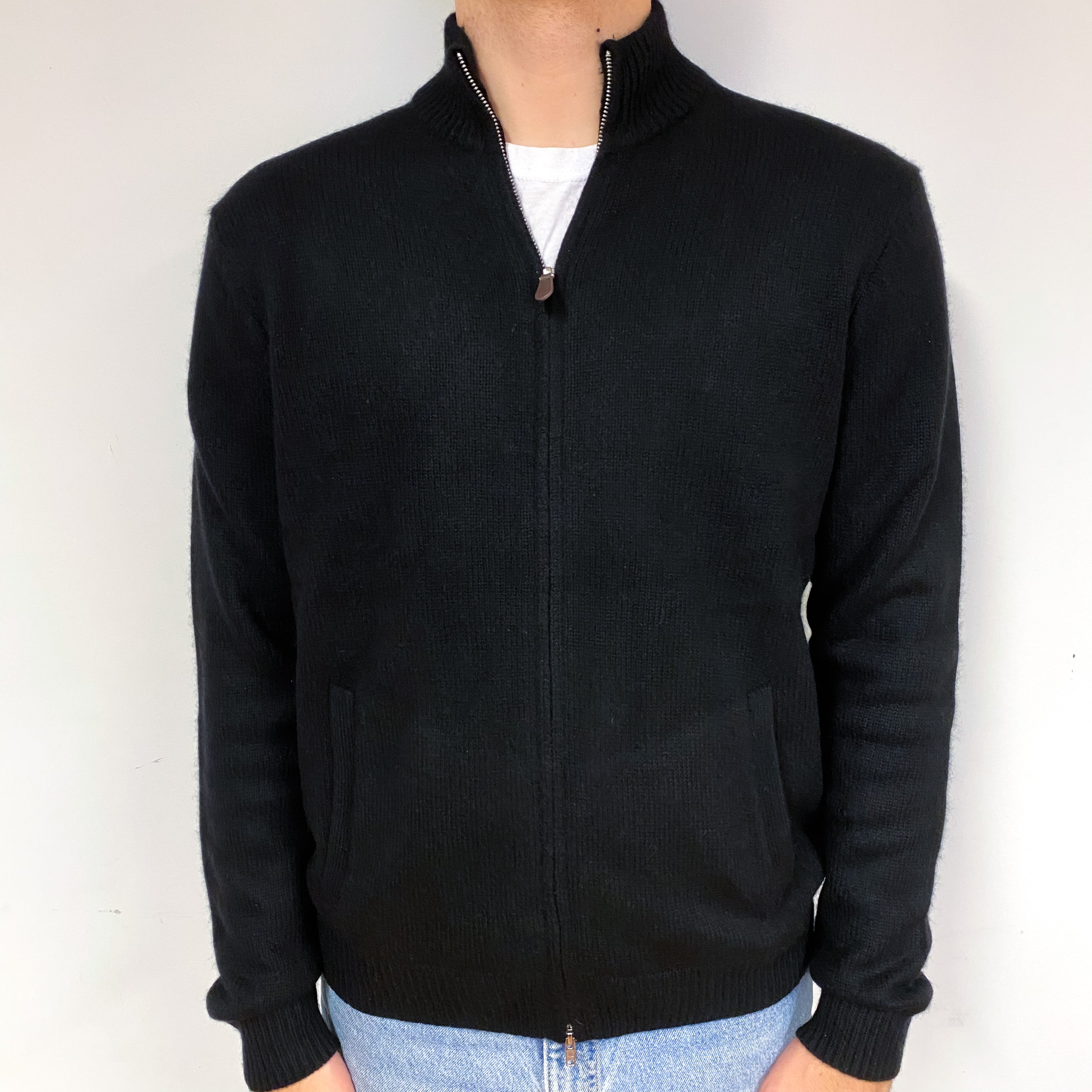 Men's Black Cashmere Zip Turtle Neck Cardigan Large