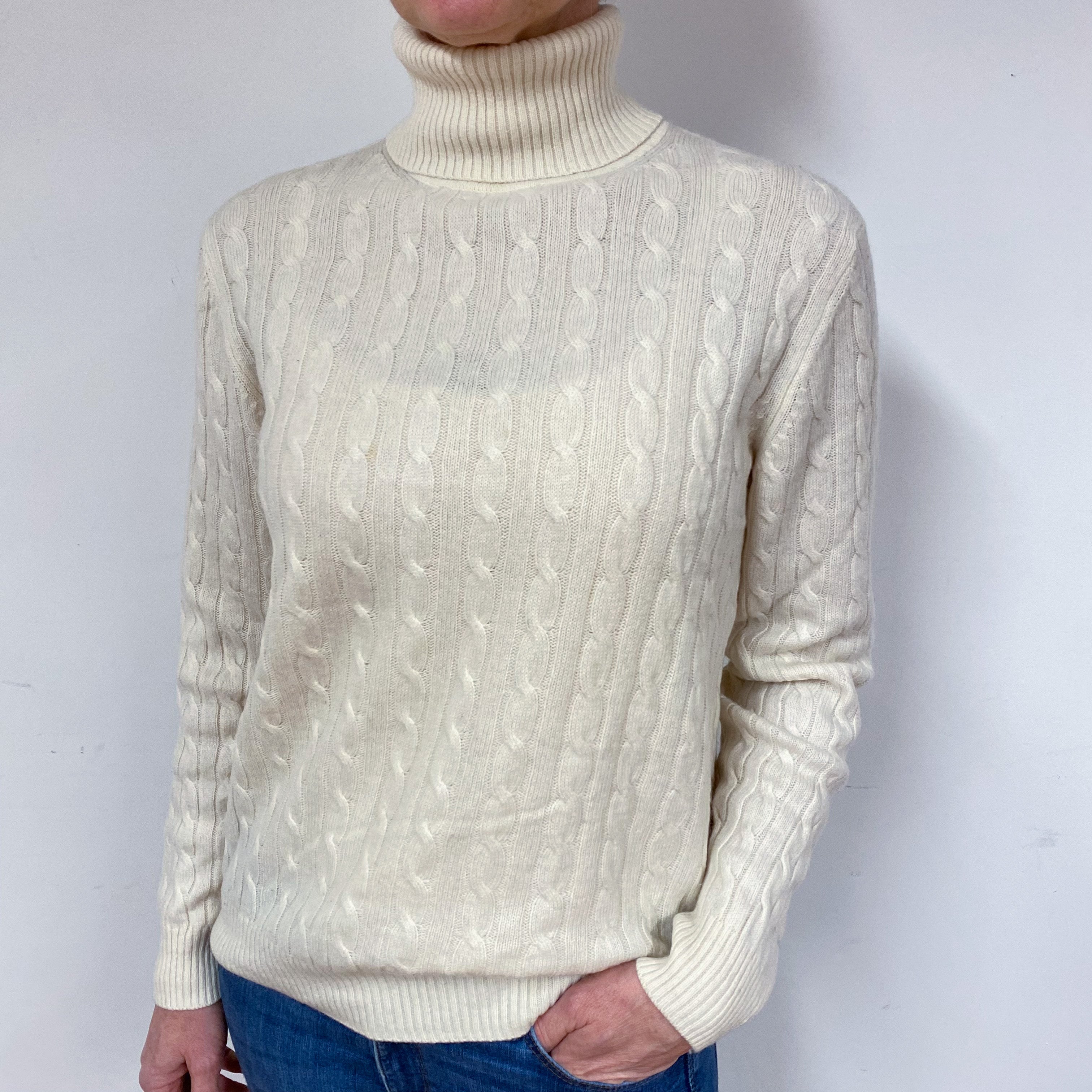 Cream Cable Cashmere Polo Neck Jumper Medium