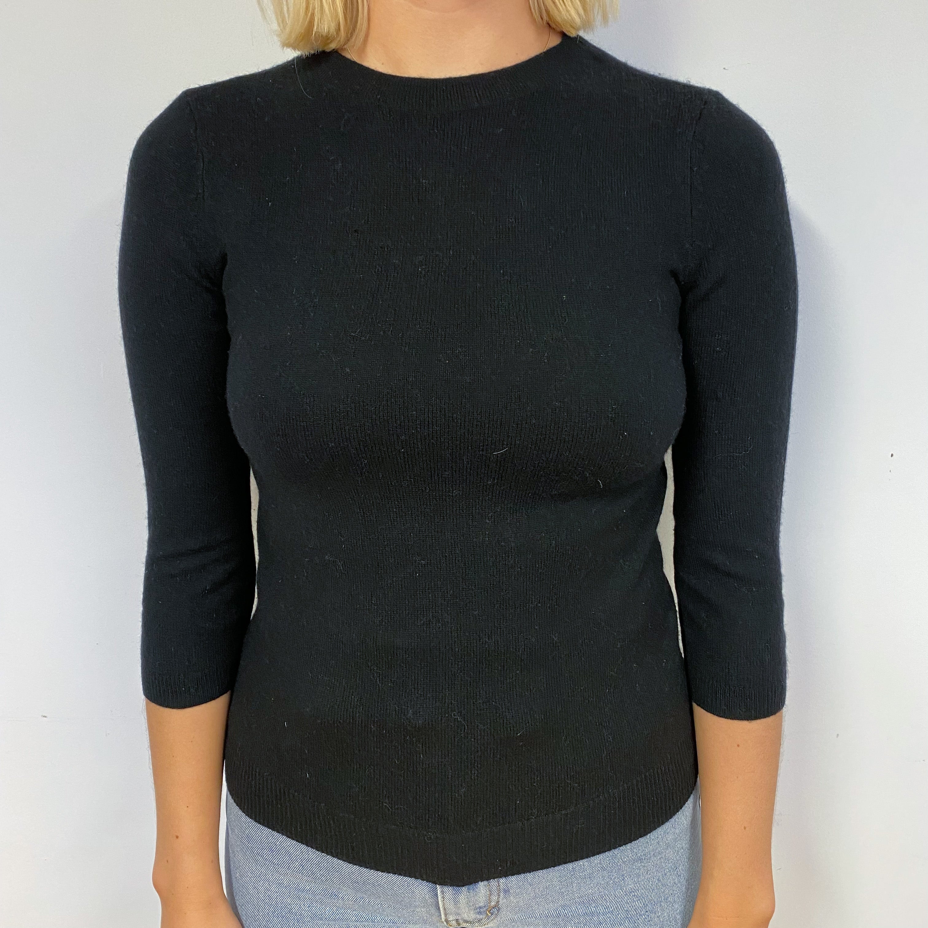 Black Cashmere 3/4 Sleeve Crew Neck Jumper Small