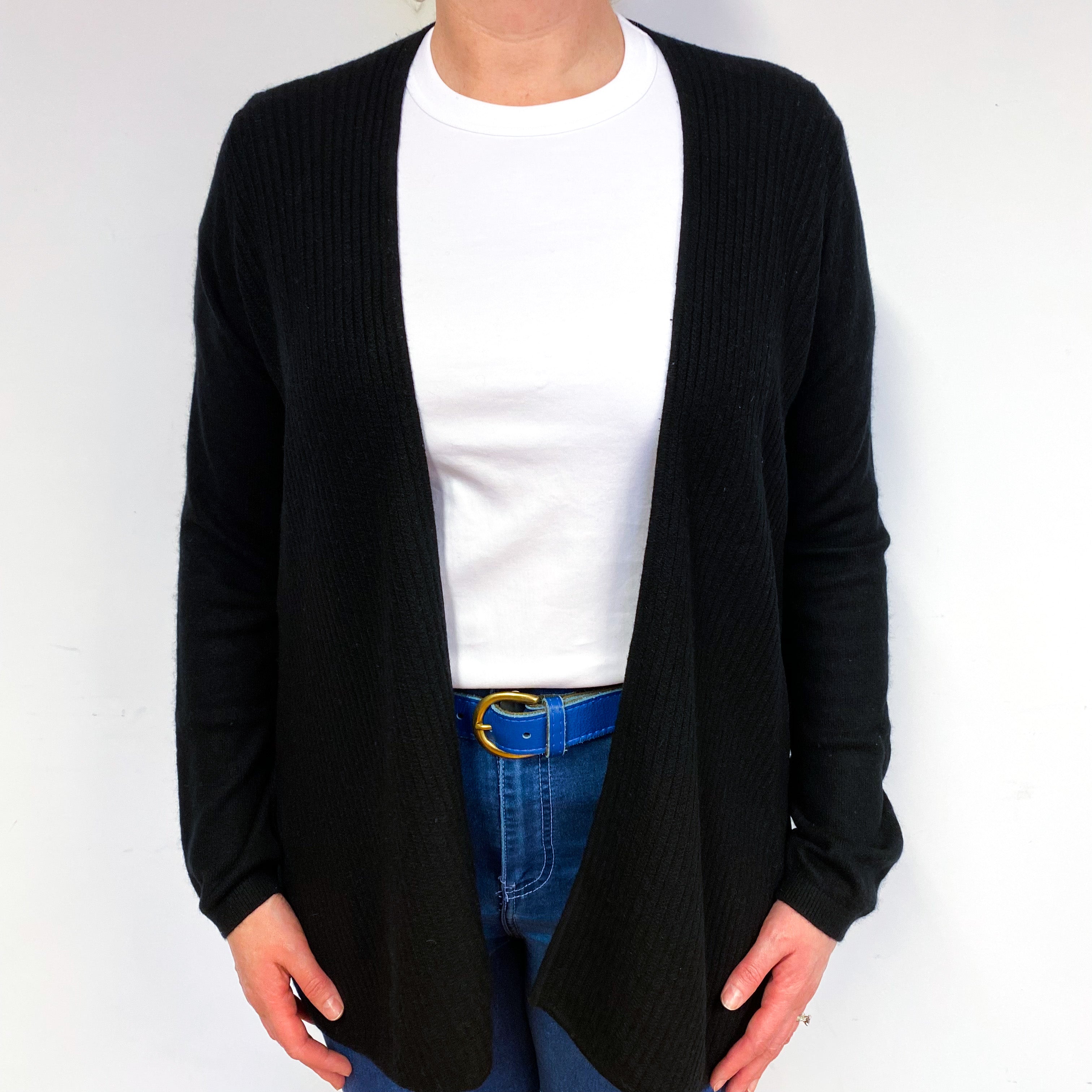 Black Ribbed Cashmere Waterfall Cardigan Large