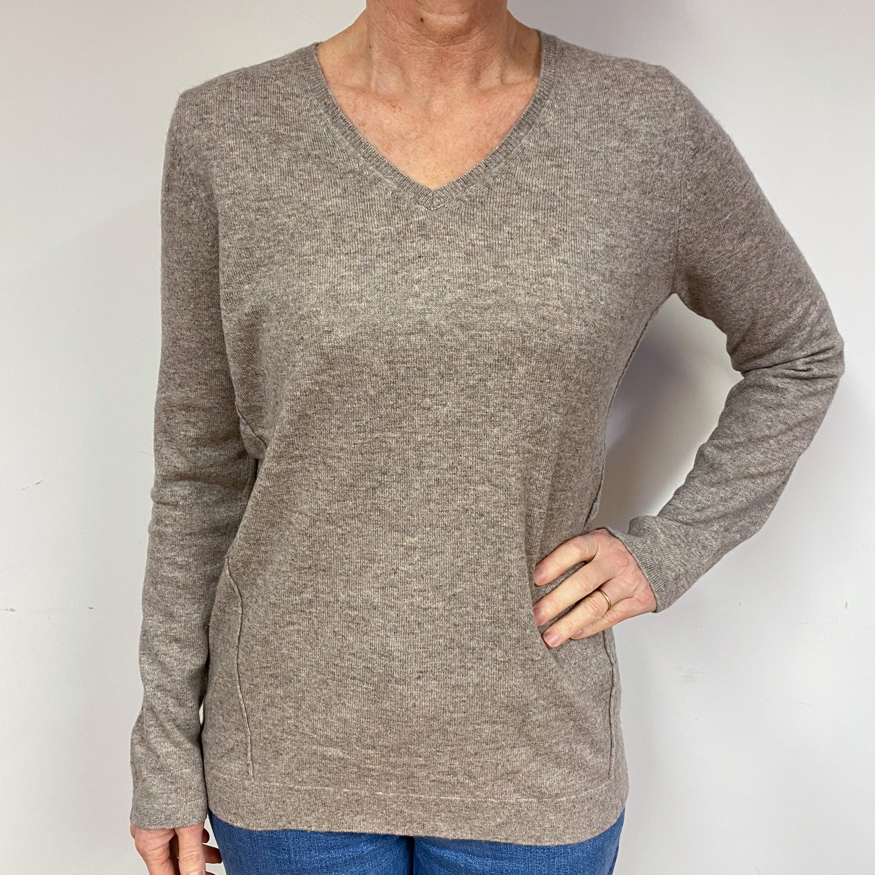 Taupe Brown Cashmere V-Neck Jumper Medium