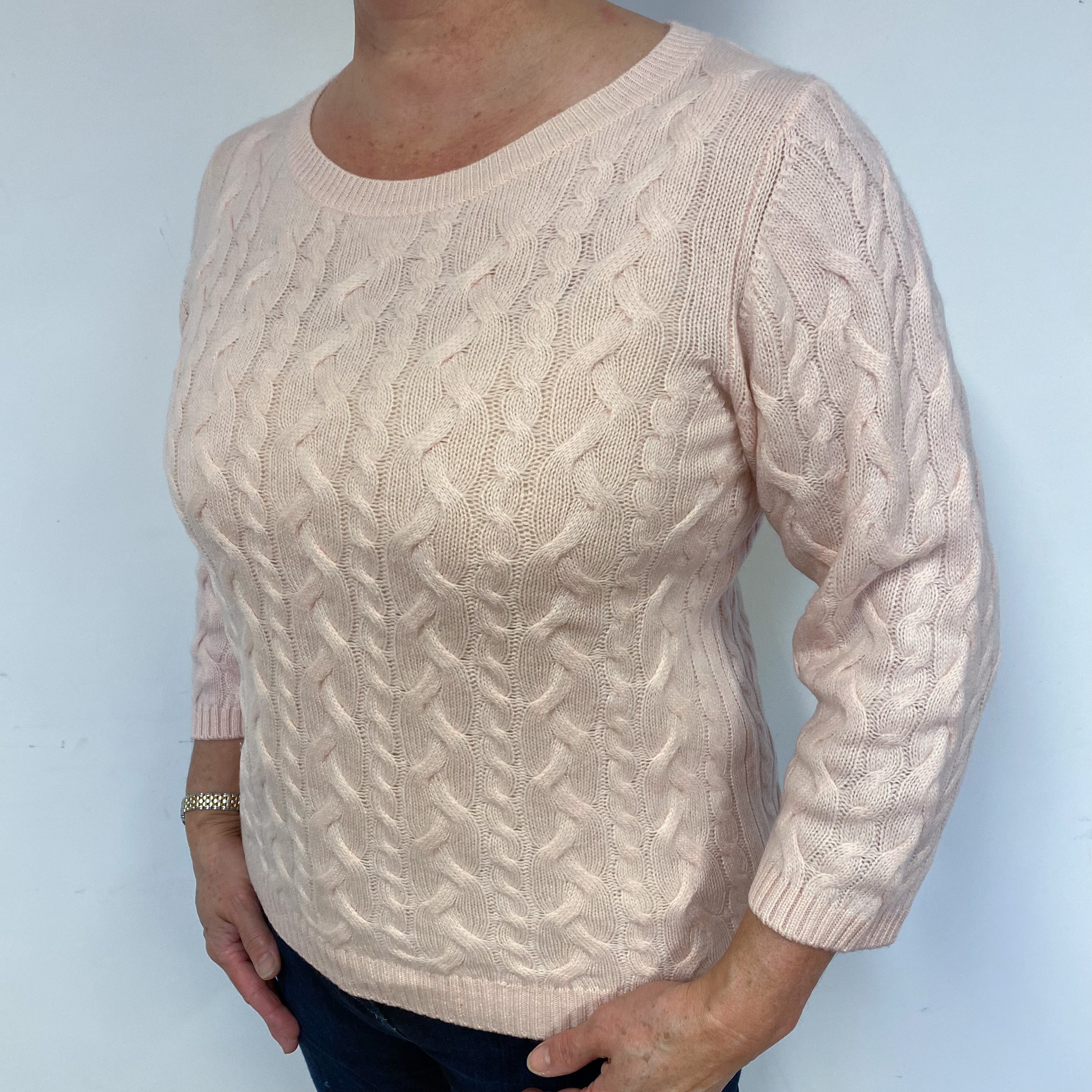 Shell Pink Cable Cashmere Crew Neck Jumper Large