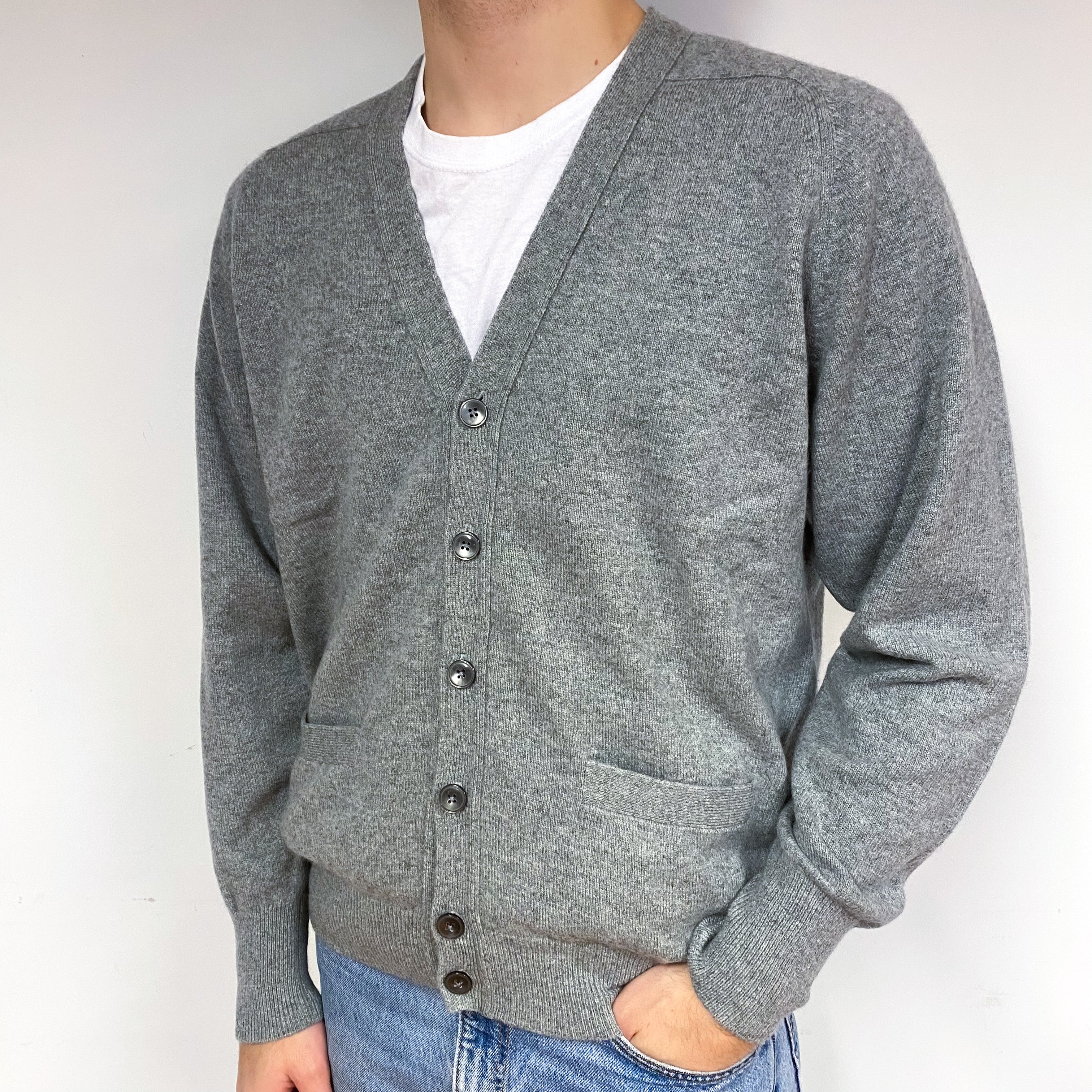 Men's Ash Grey Cashmere V-Neck Cardigan Large