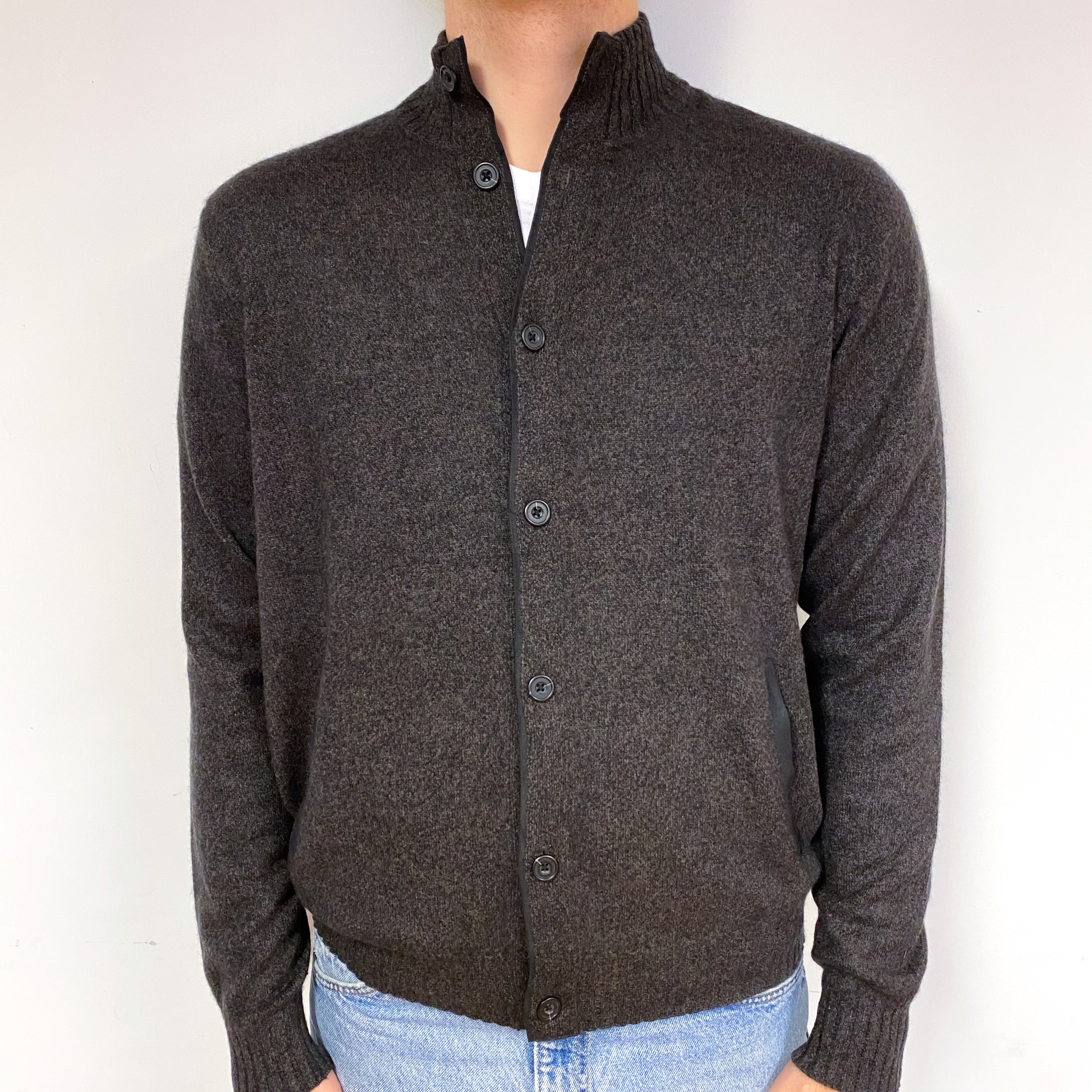 Men's Peppercorn Brown Cashmere Turtle Neck Cardigan Large