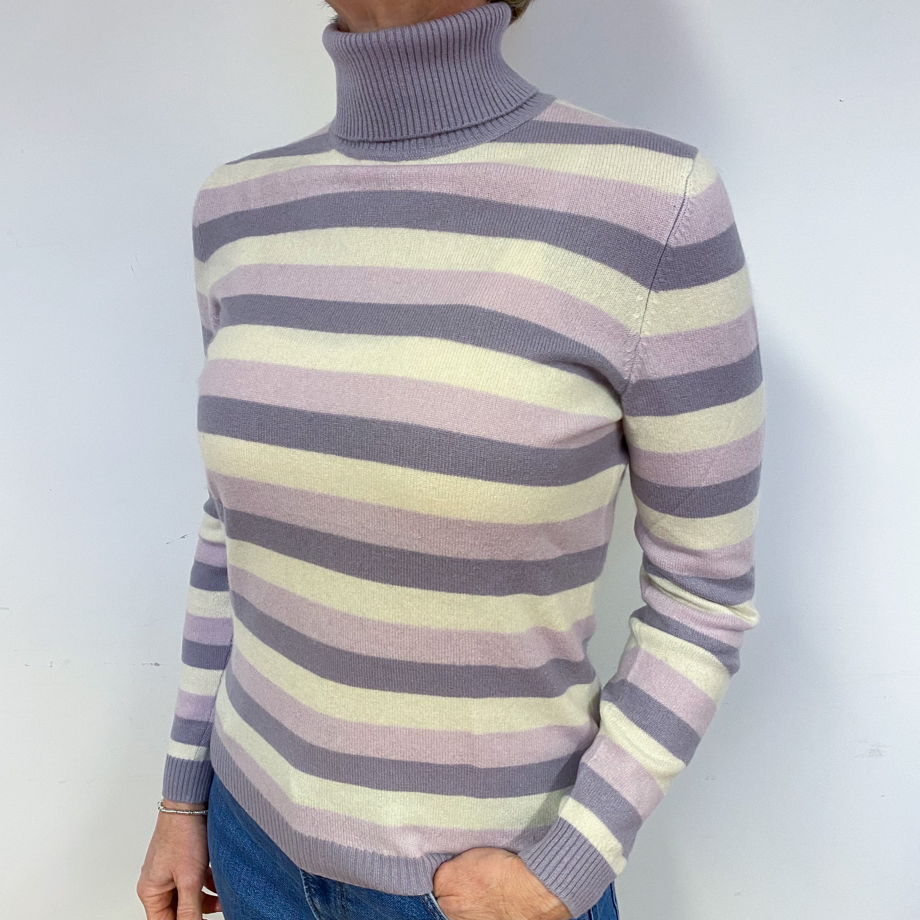 Purple Striped Cashmere Polo Neck Jumper Medium