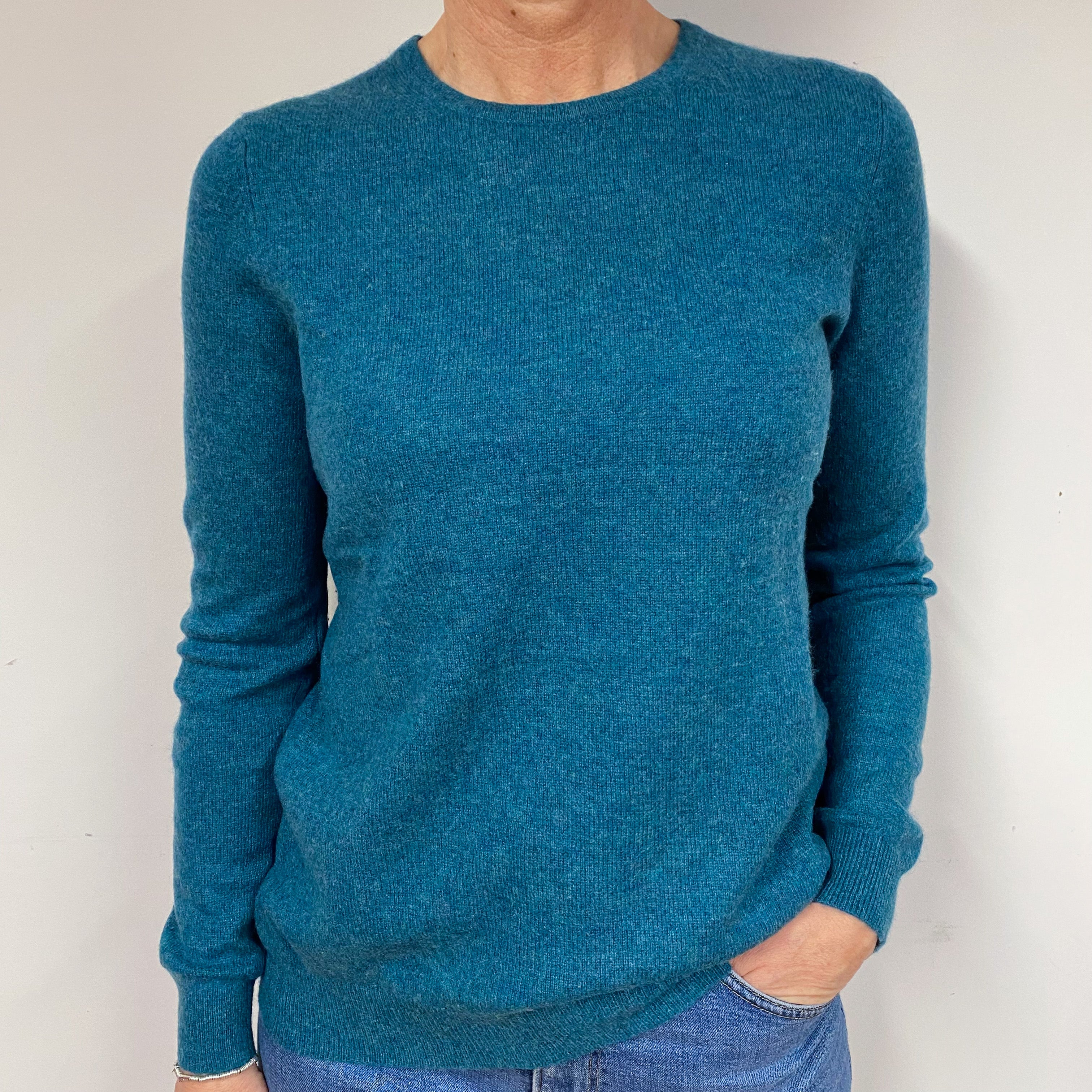 Teal Green Flecked Cashmere Crew Neck Jumper Medium