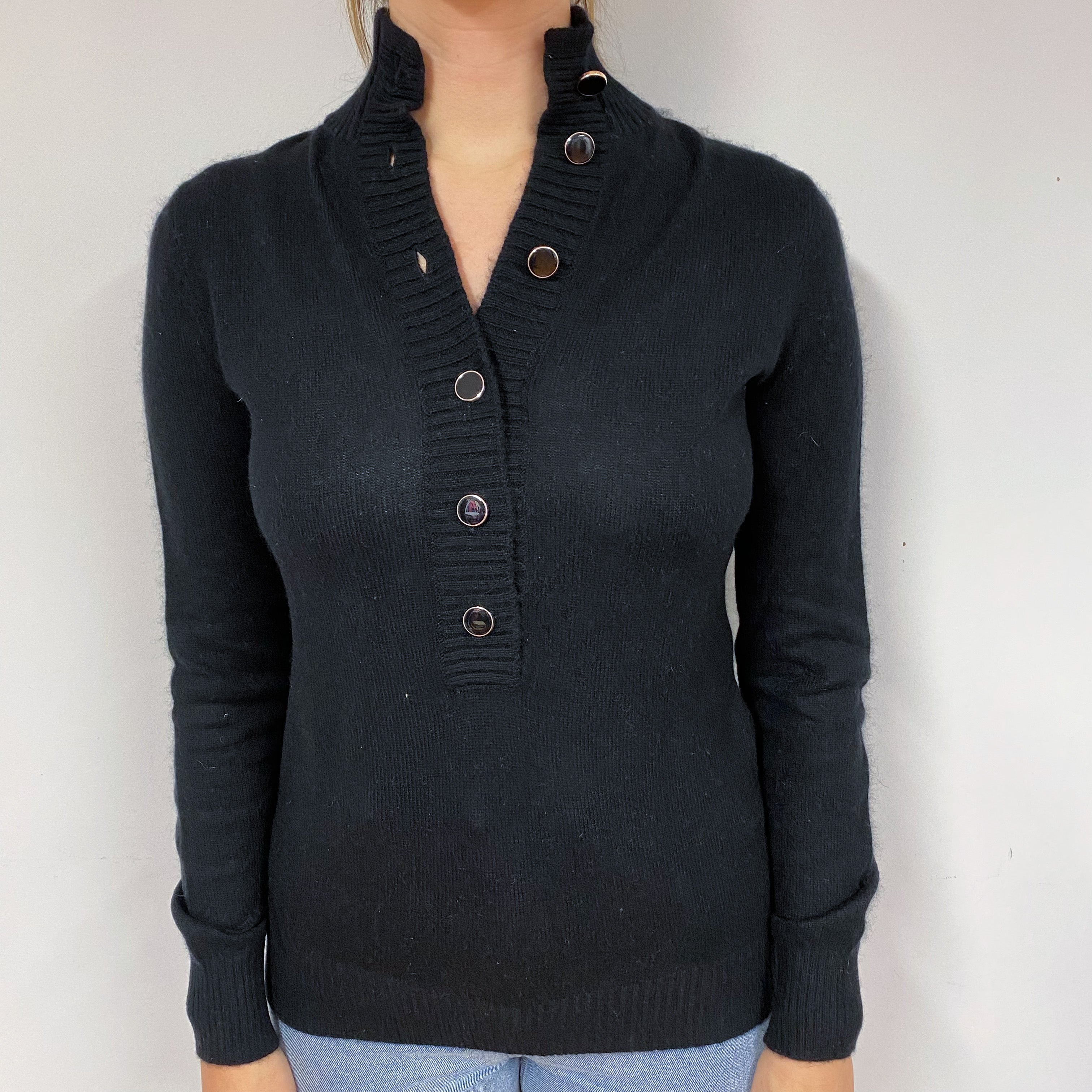 Black Button Front Cashmere Turtle Neck Jumper Small