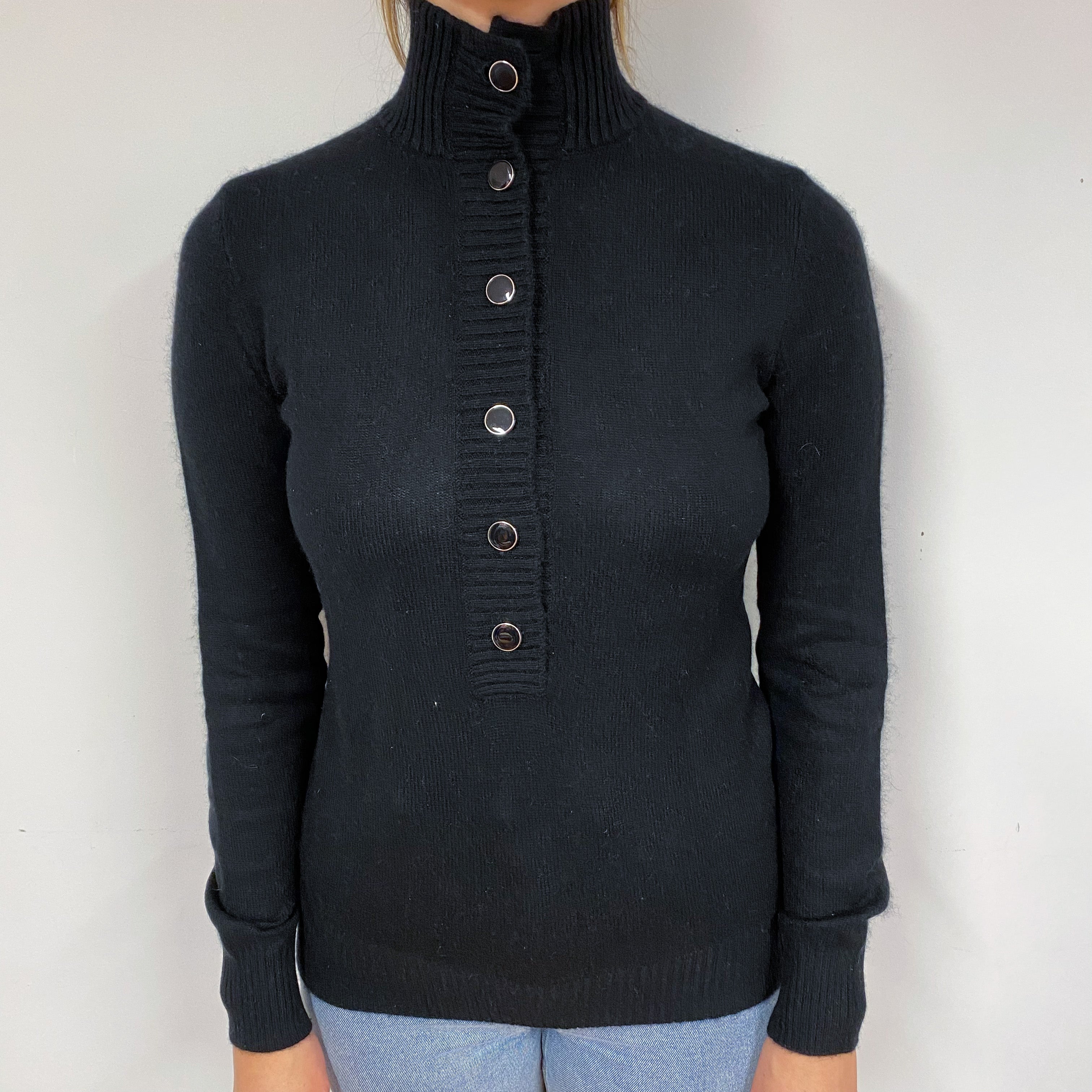 Black Button Front Cashmere Turtle Neck Jumper Small