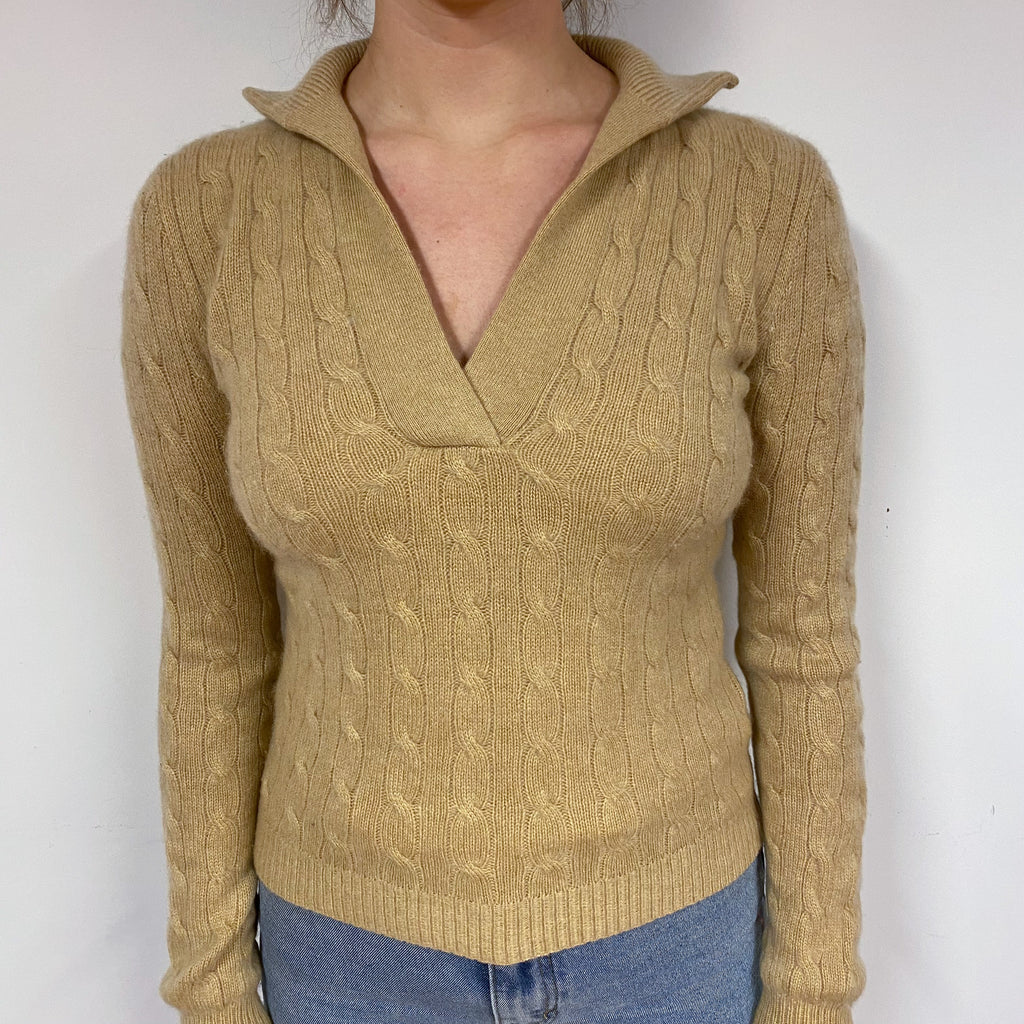 Ralph Lauren Caramel Cable Cashmere V-Neck Jumper Small