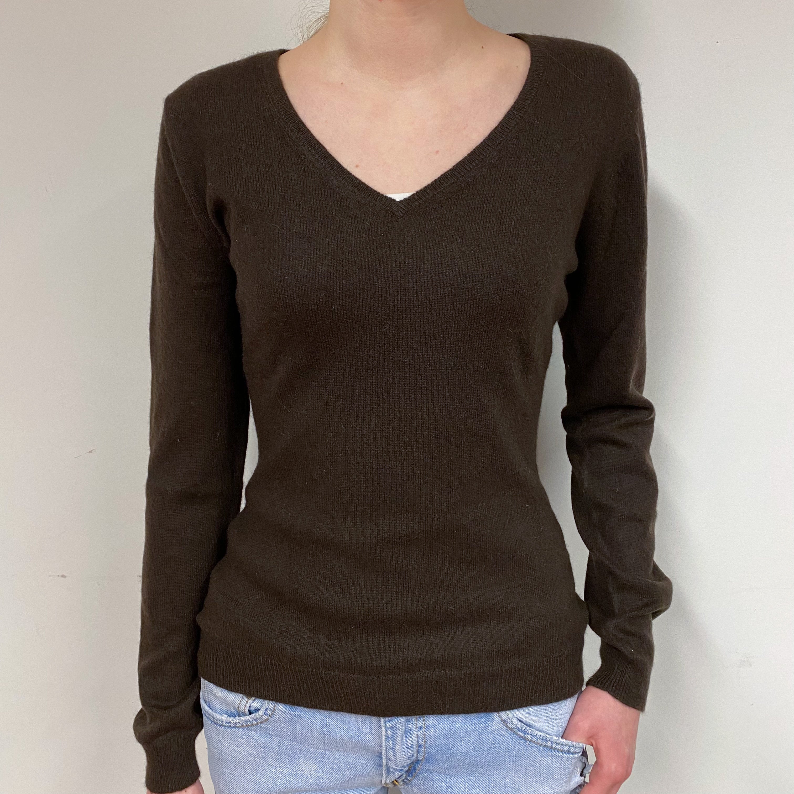 Chocolate Brown Cashmere V-Neck Jumper Extra Small