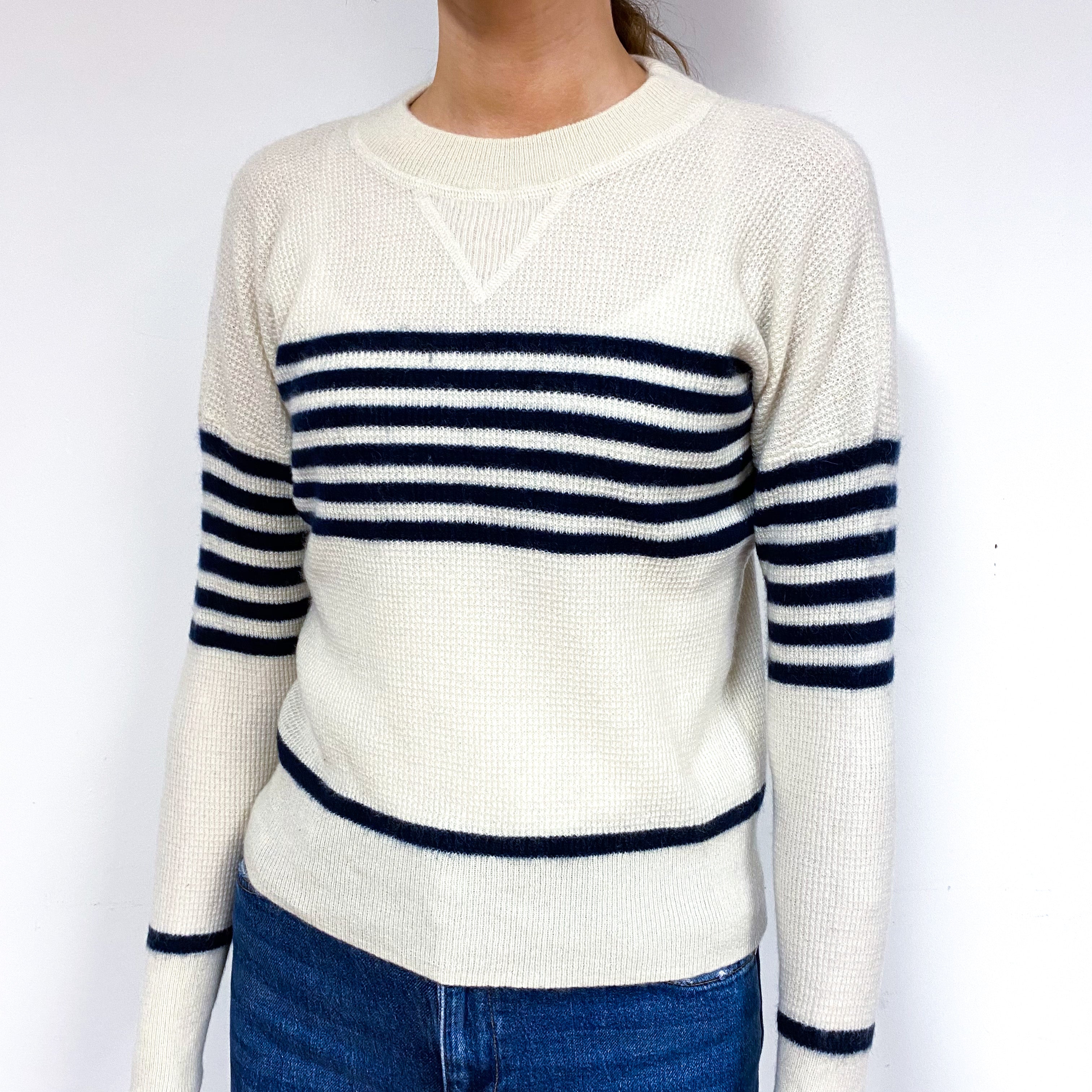 Cream Stripe Cashmere Waffle Crew Neck Jumper Extra Small