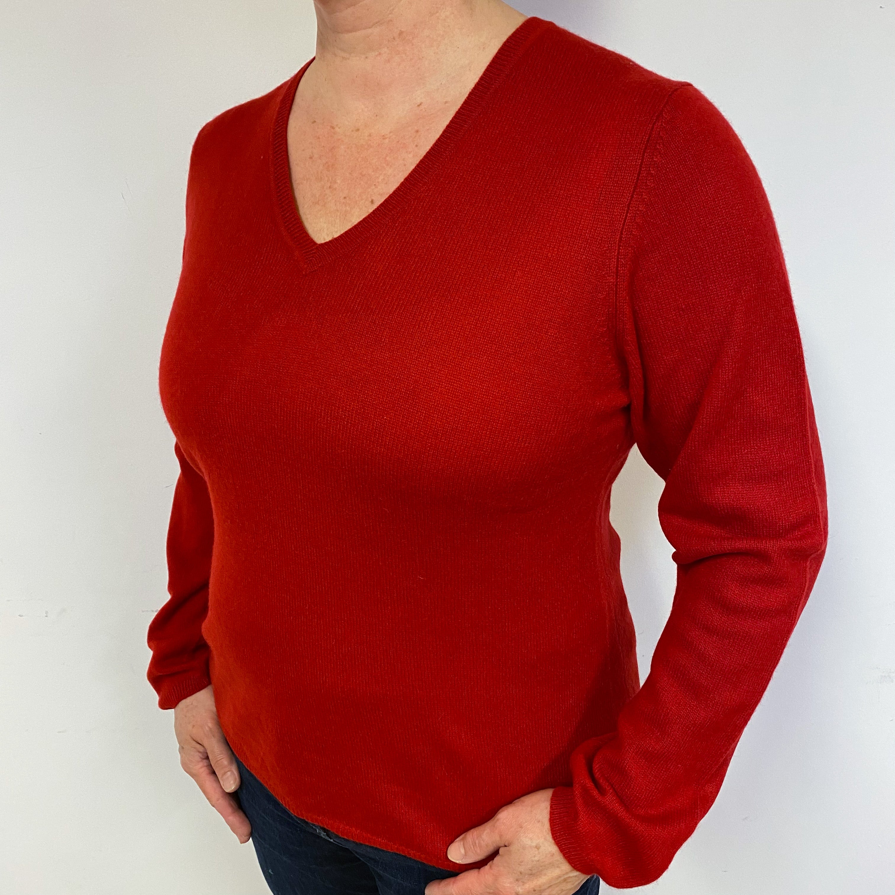Scarlet Red Cashmere V-Neck Jumper Large.