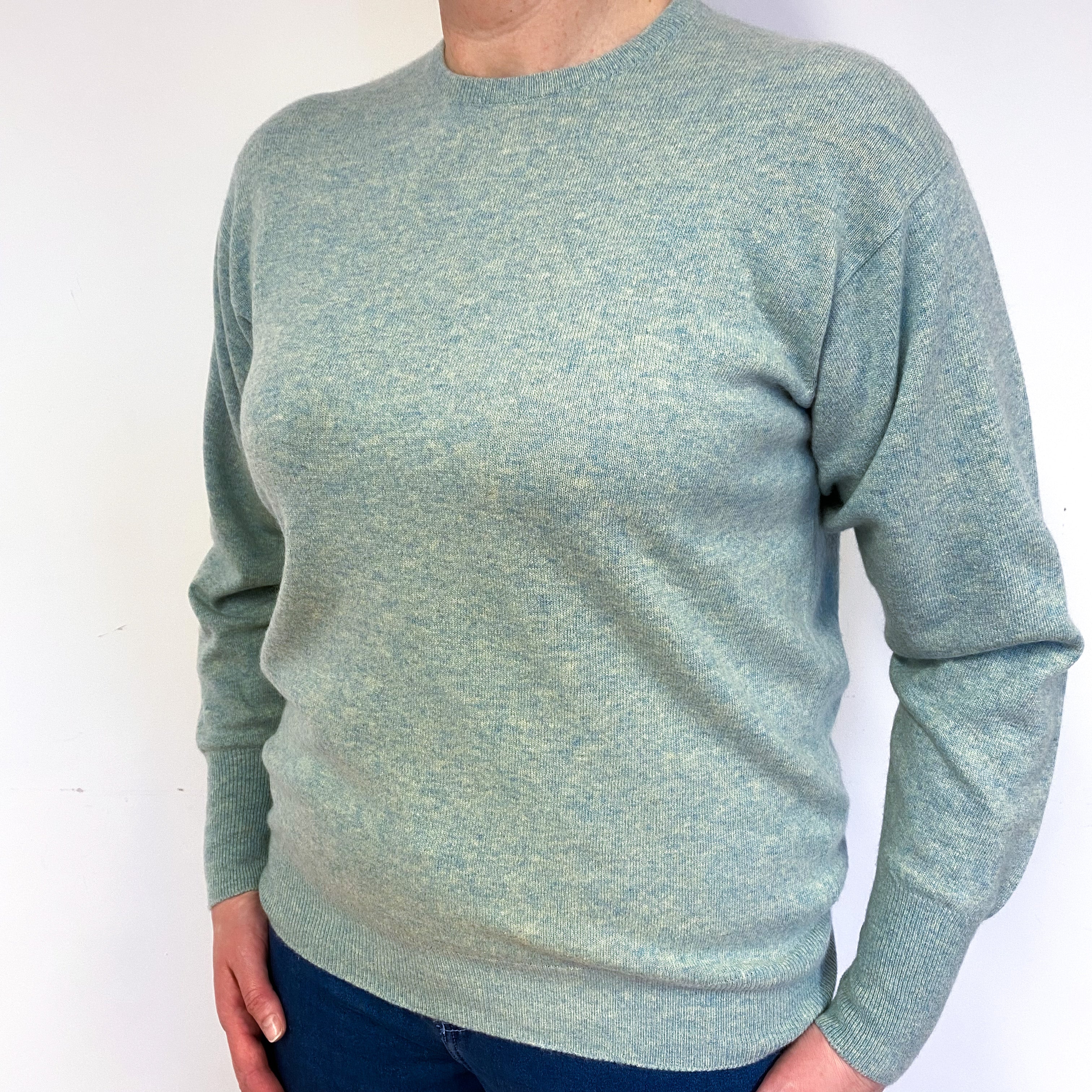 Pale Aqua Green Marl Cashmere Crew Neck Jumper Large