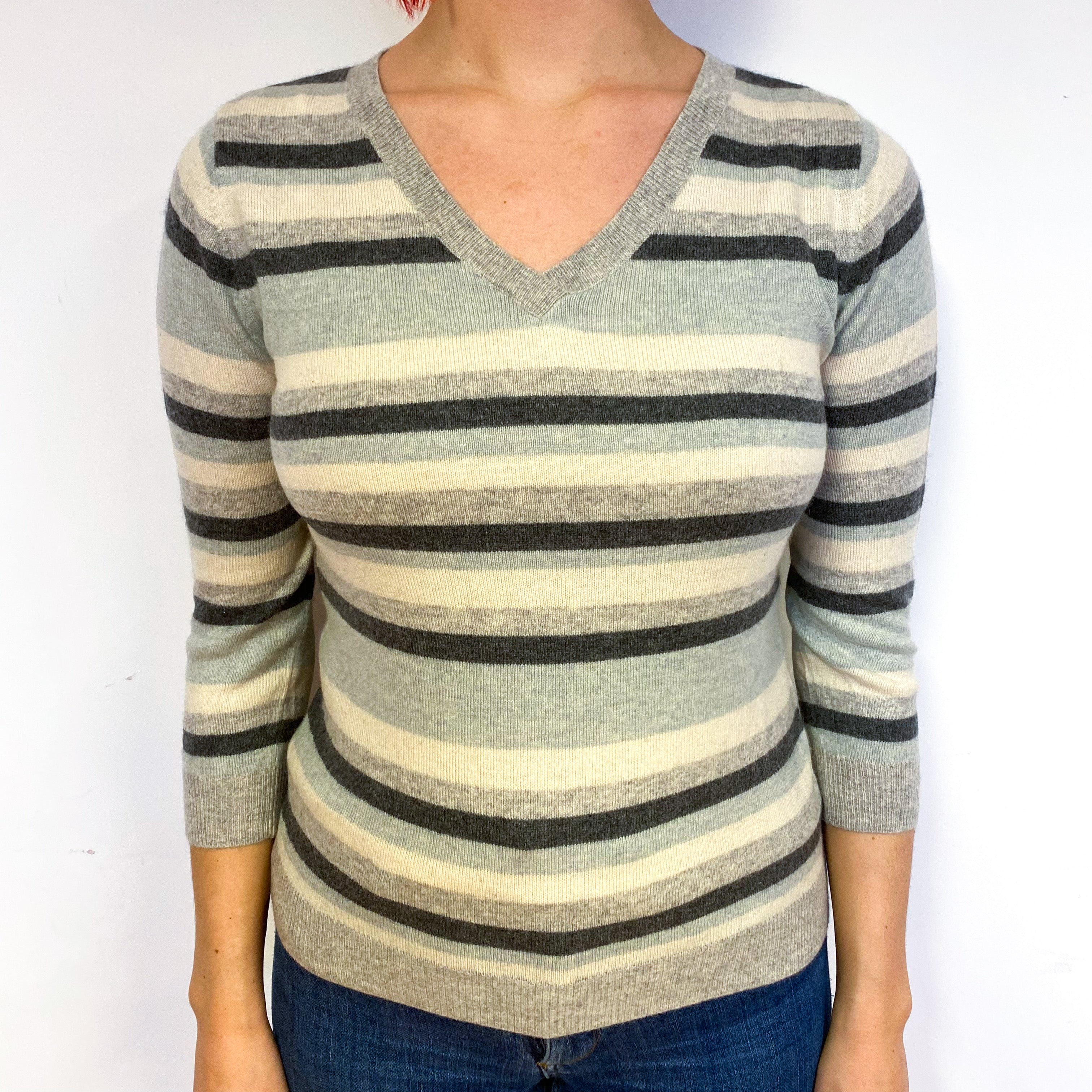Grey Stripe 3/4 Sleeve Cashmere V-Neck Jumper Small
