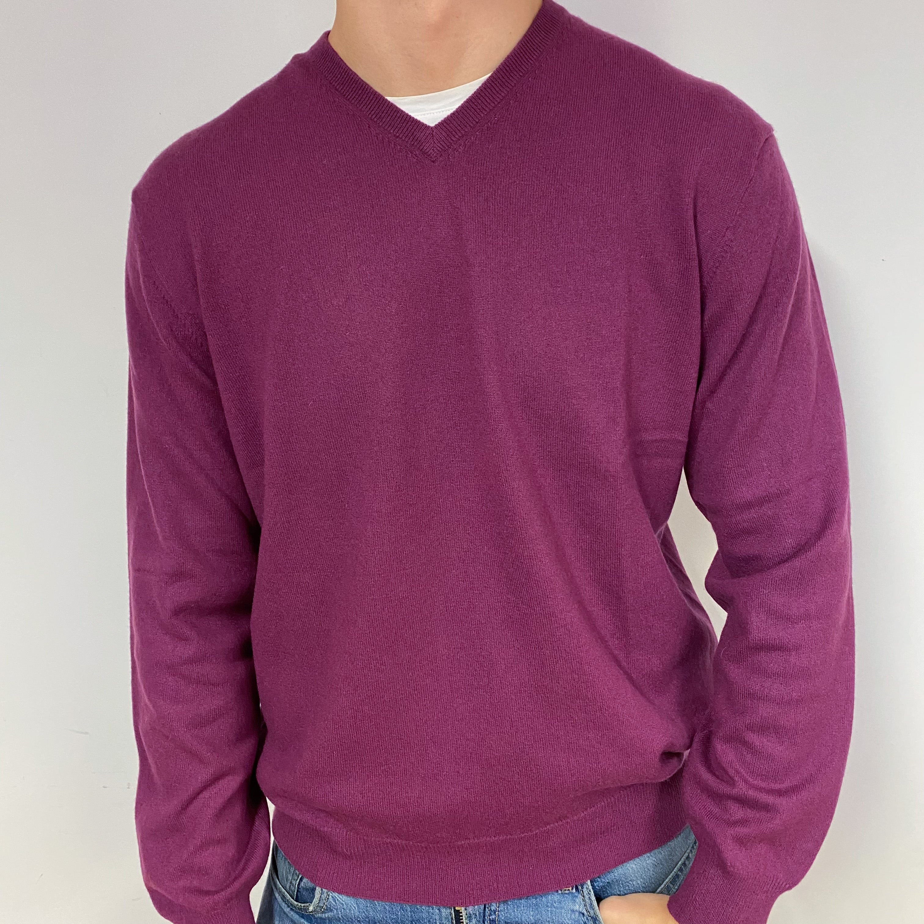 Men's Plum Purple Cashmere V-Neck Jumper Extra Extra Large