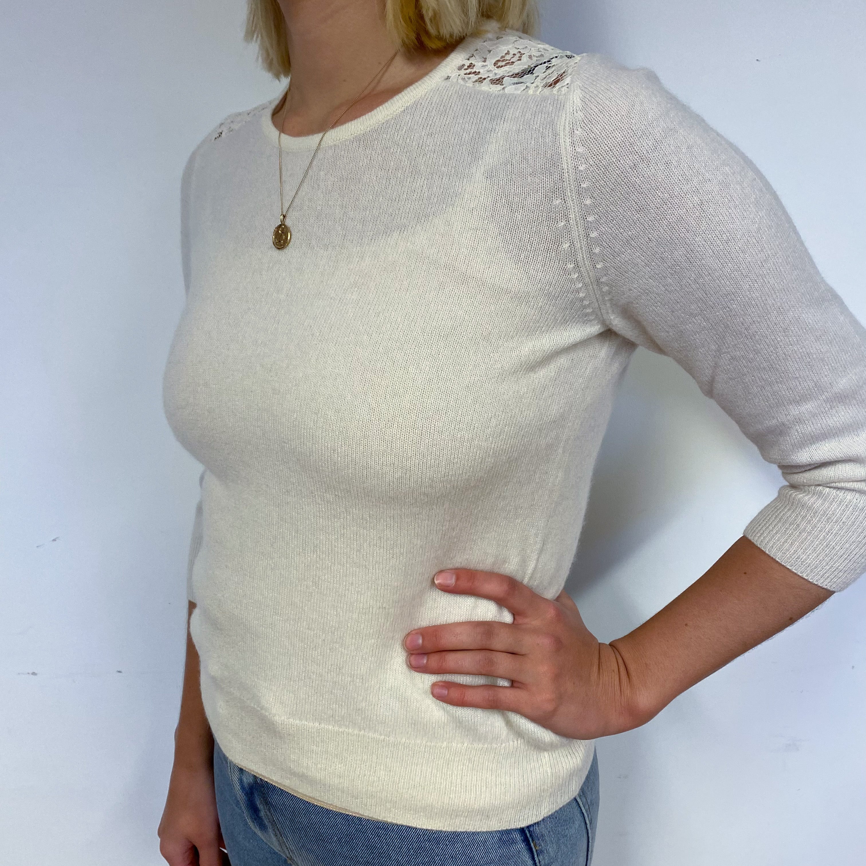 Cream Lace Cashmere Crew Neck Jumper Small