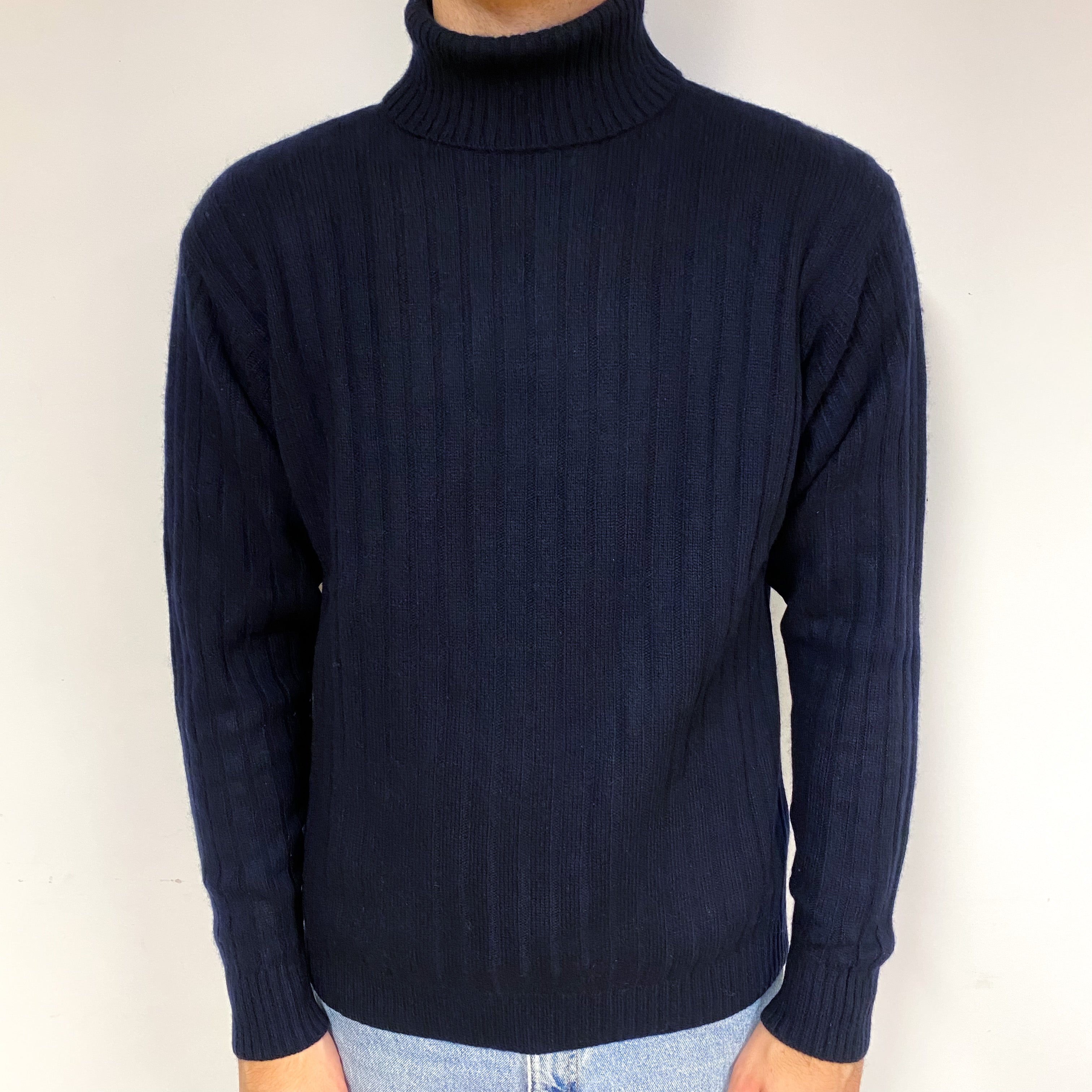 Men's Dark Navy Ribbed Cashmere Polo Neck Jumper Large