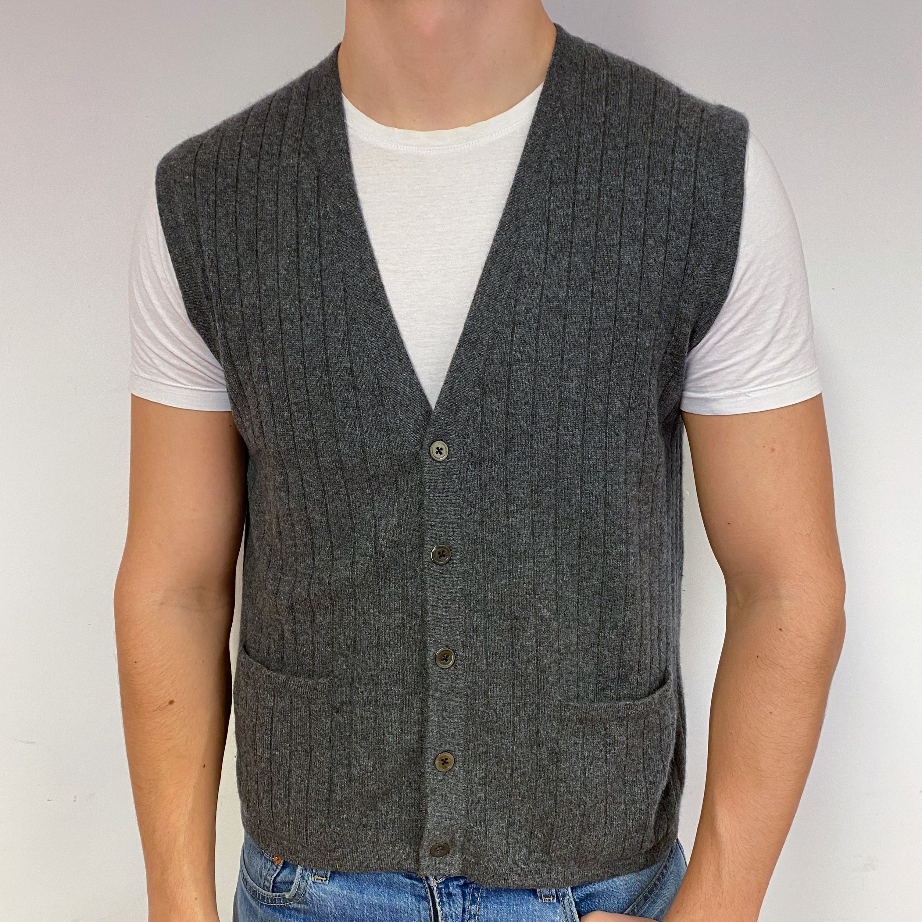 Men's Grey Ribbed Cashmere V-Neck Waistcoat Extra Large