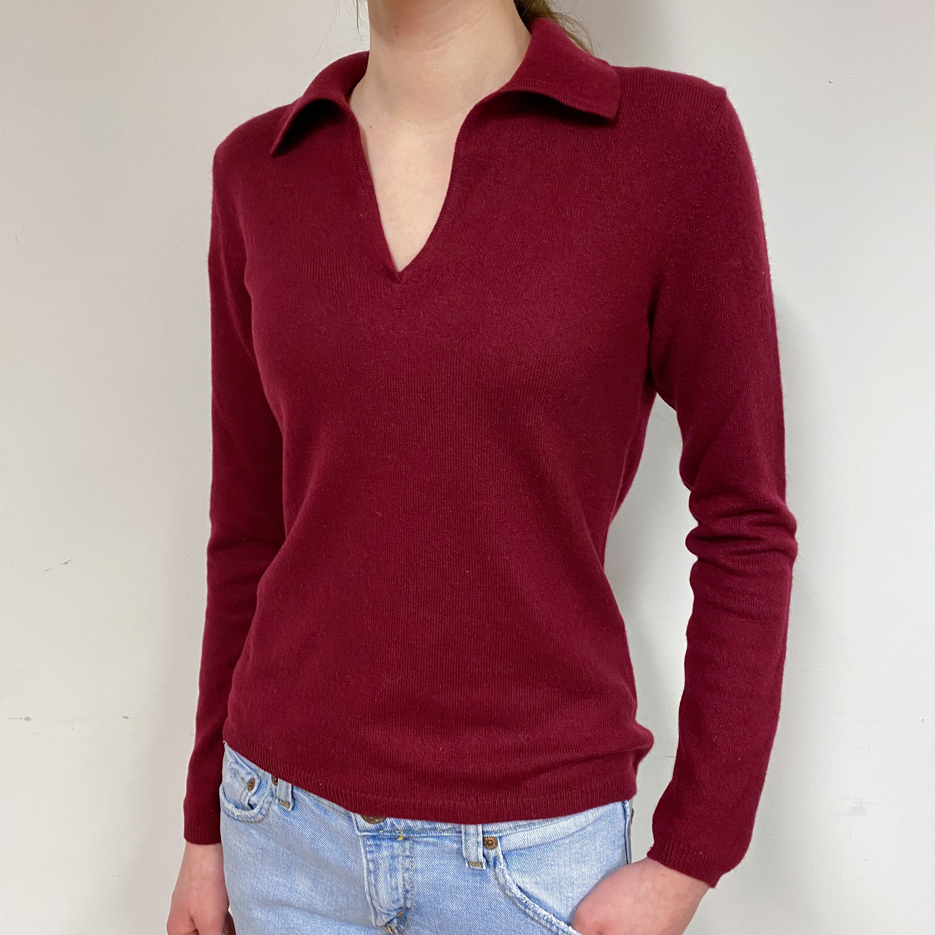 Burgundy Cashmere Collared V-Neck Jumper Extra Small