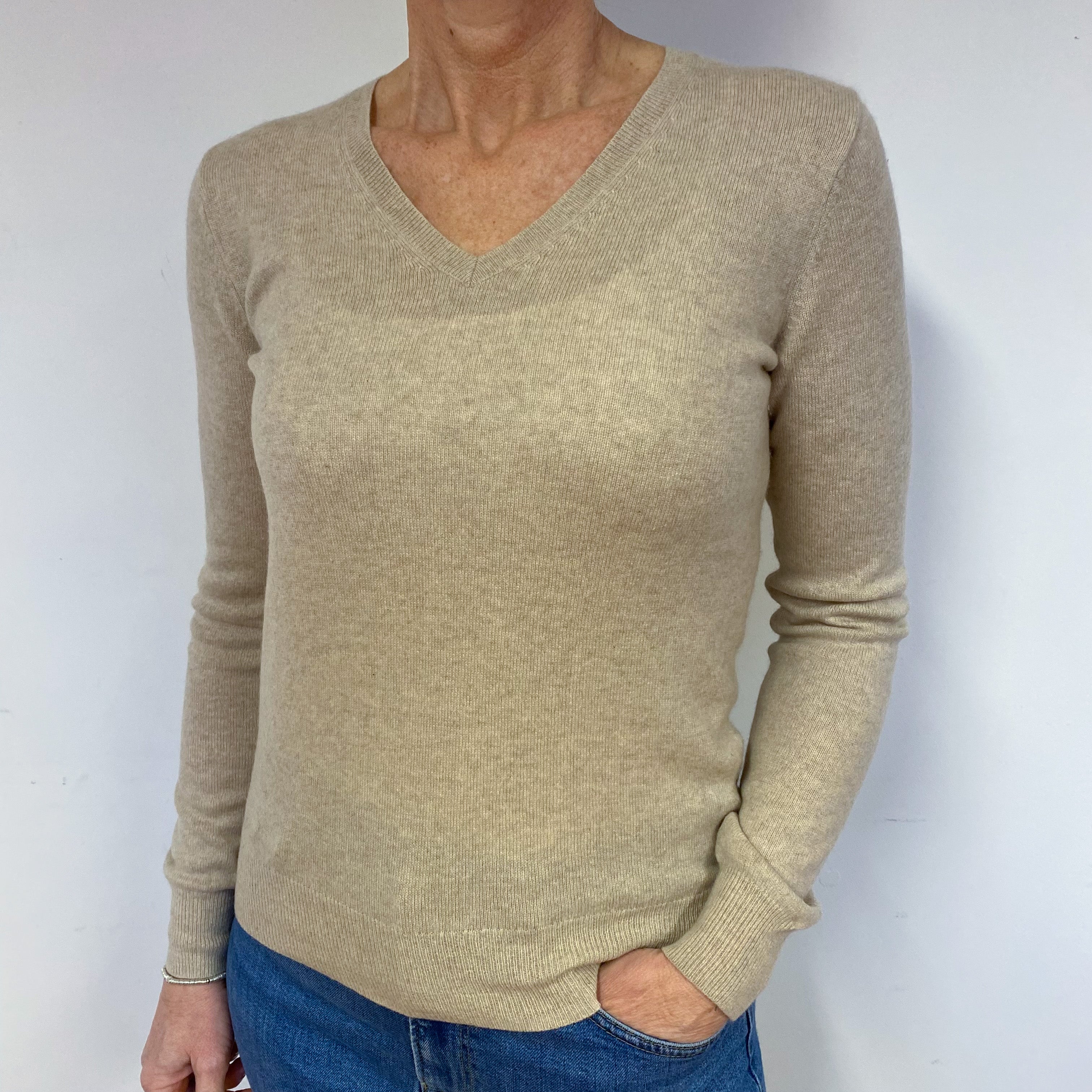 Oatmeal Beige Cashmere V-Neck Jumper Medium