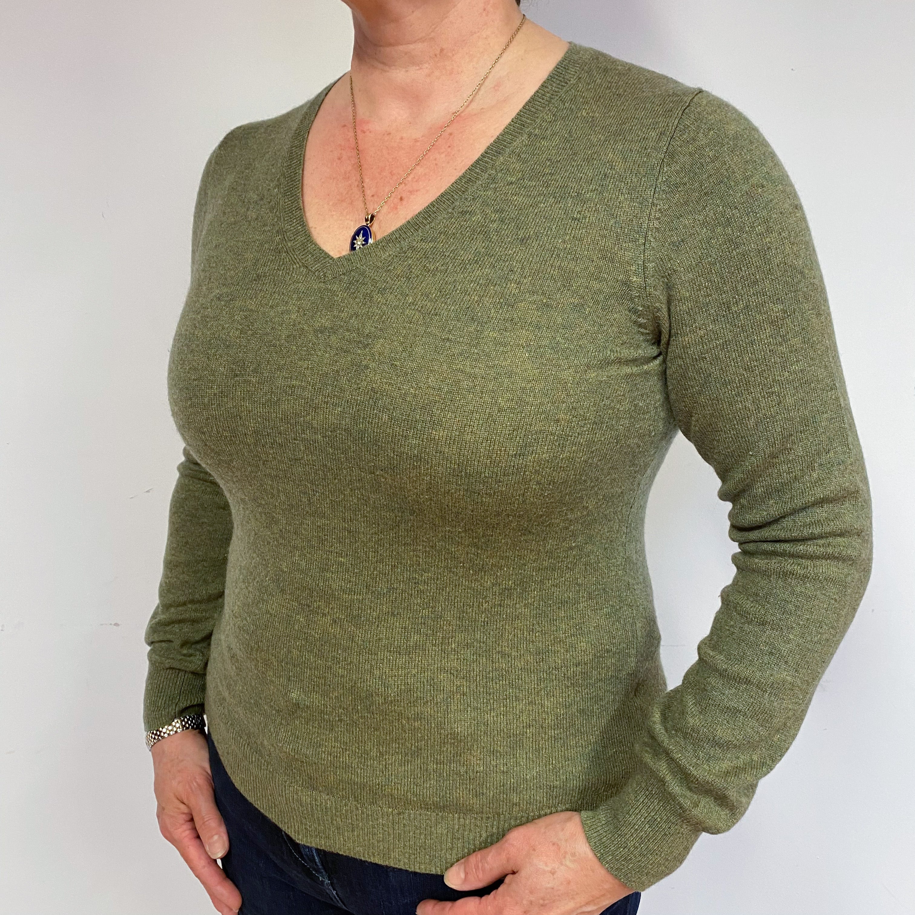 Olive Green Cashmere V-Neck Jumper Large