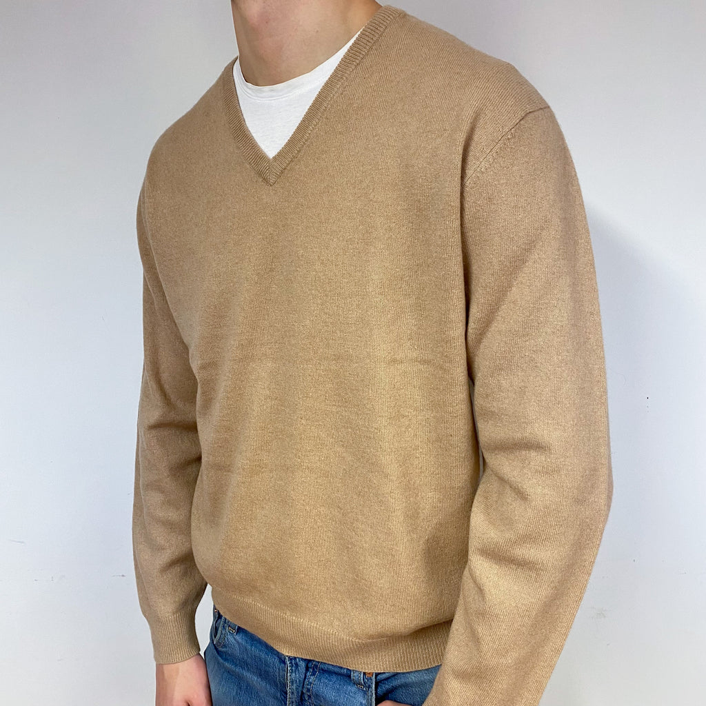 Men's Caramel Brown Cashmere V-Neck Jumper Extra Large