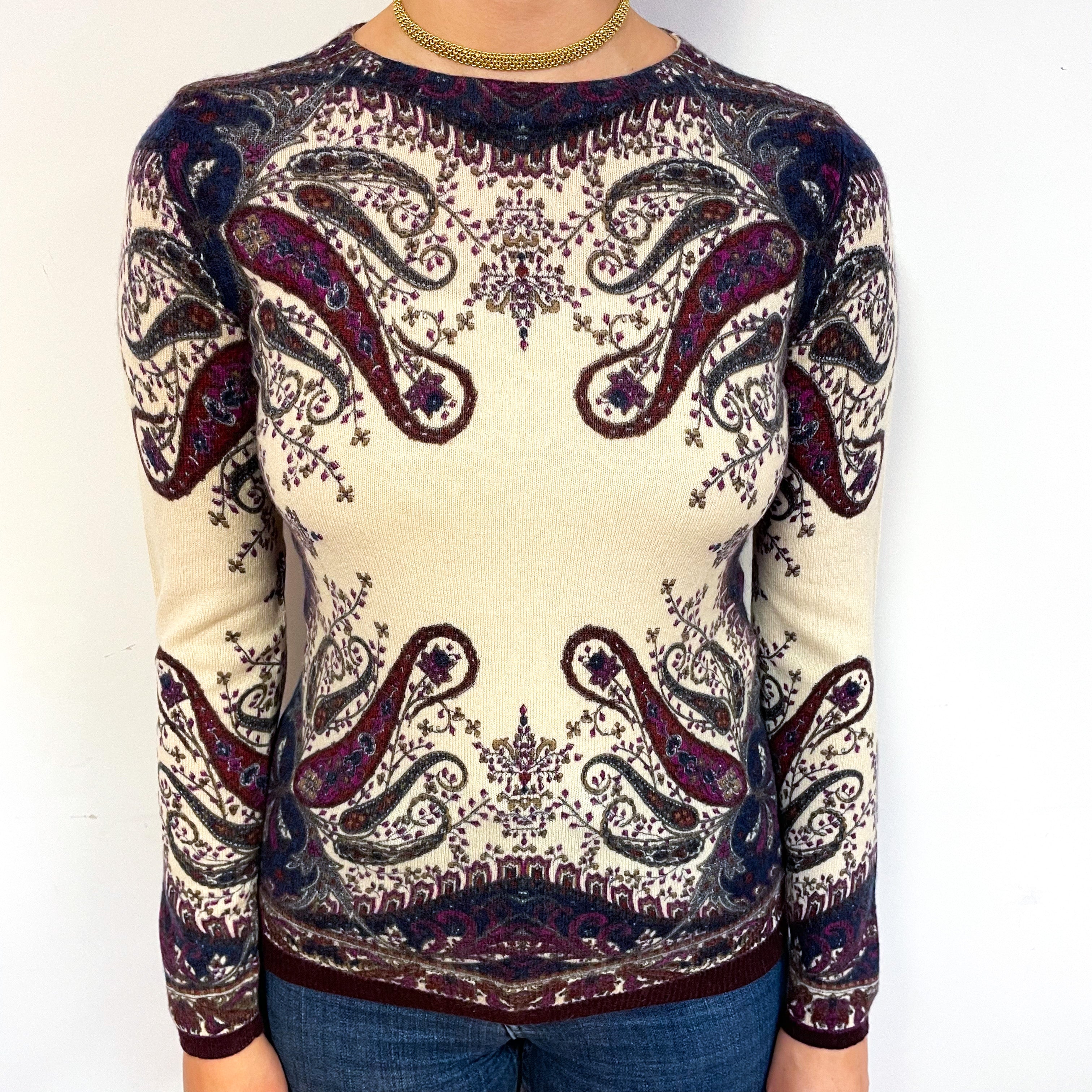 Cream Purple Paisley Cashmere Crew Neck Jumper Small