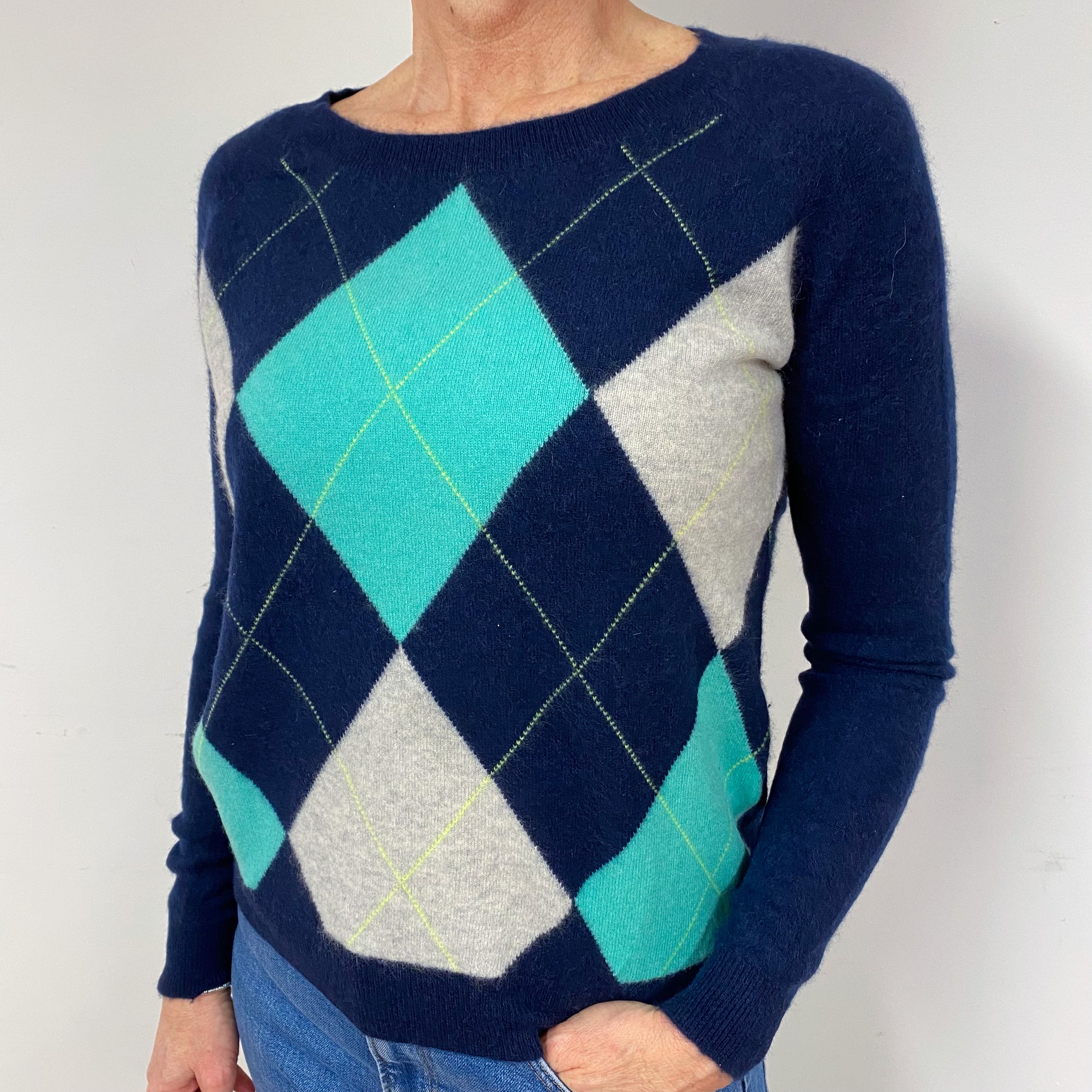 Navy Turquoise Diamond Cashmere Crew Neck Jumper Medium